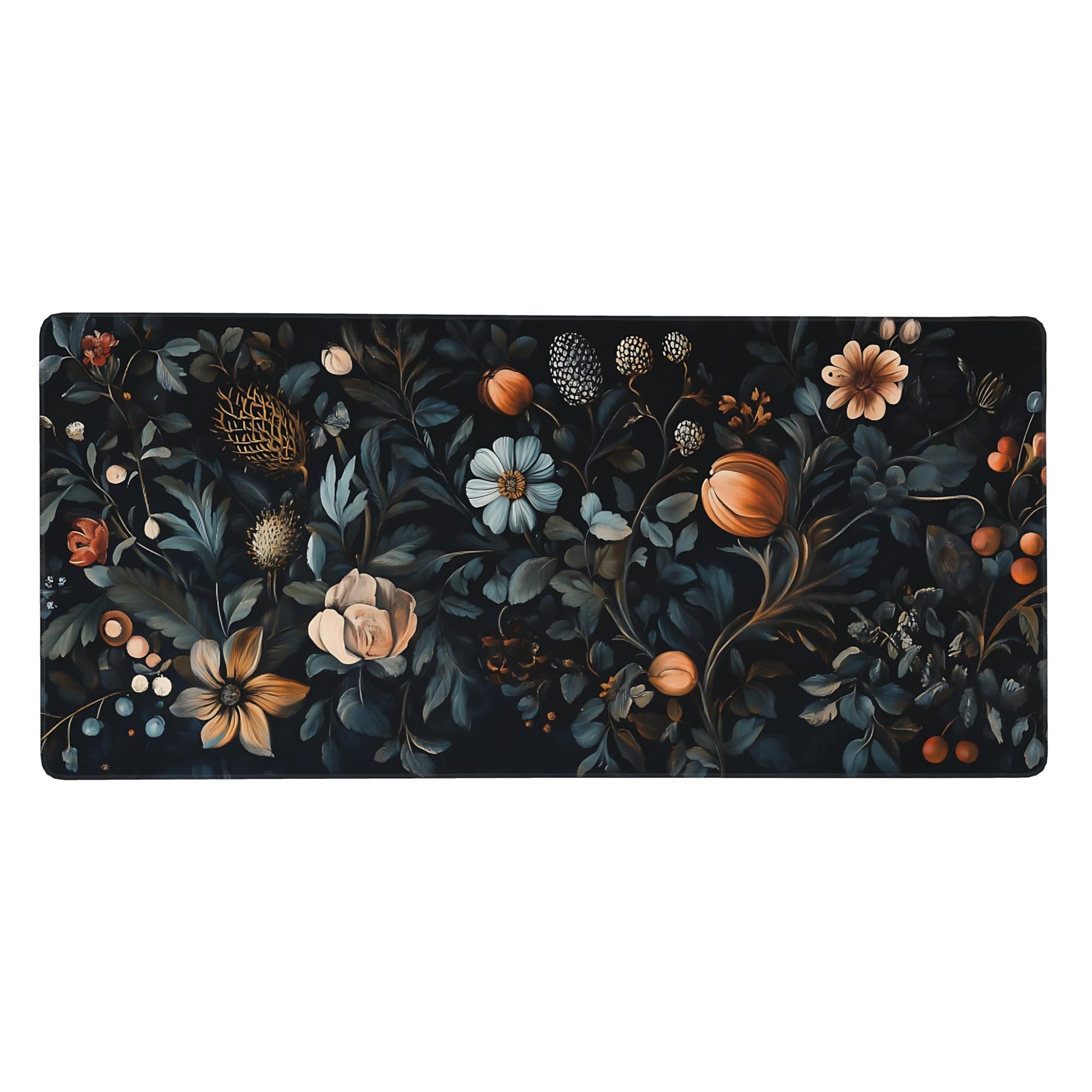 Floral Aesthetic Flower Bud Gaming Mouse Pad, Black Dark Botanical Desk Mat with Anti-Slip Base &