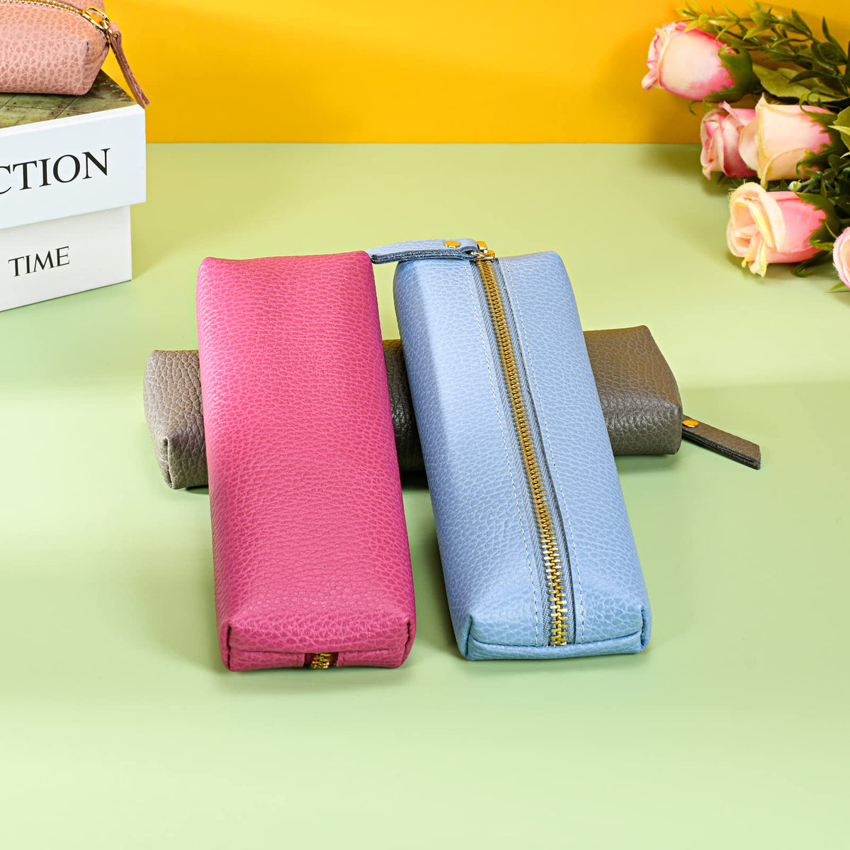 Sluxa Gray leather pen pouch, Pen holders for men. Thin pen bags for adults.