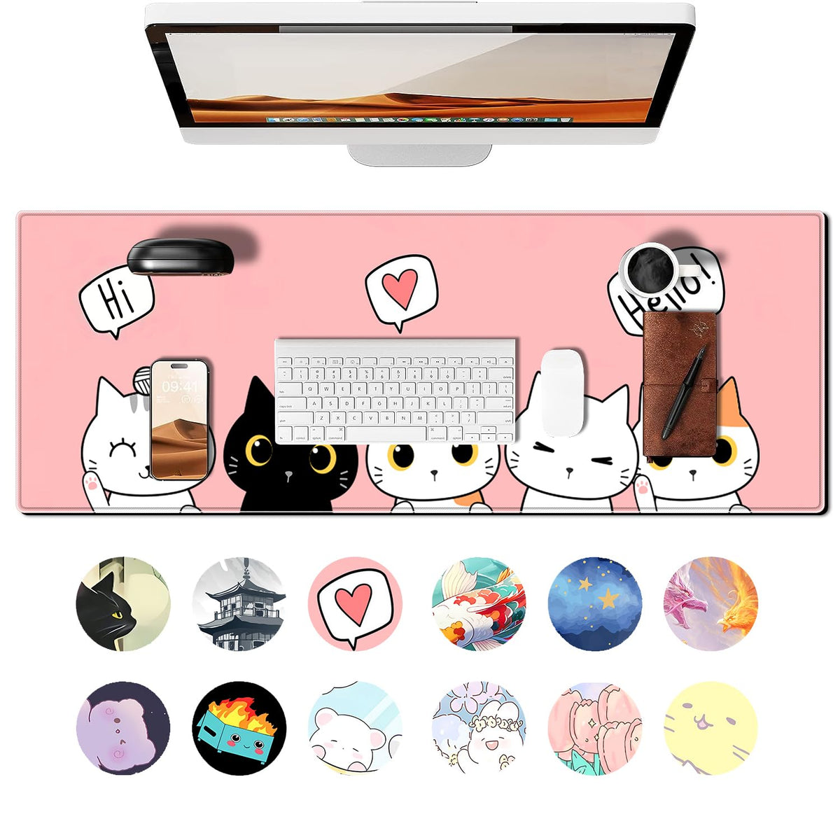 Cute Cat Gaming Mouse Pad Large Desk Mat, 31.5x11.8 Inch Mousepad Extended Non-Slip Rubber Base