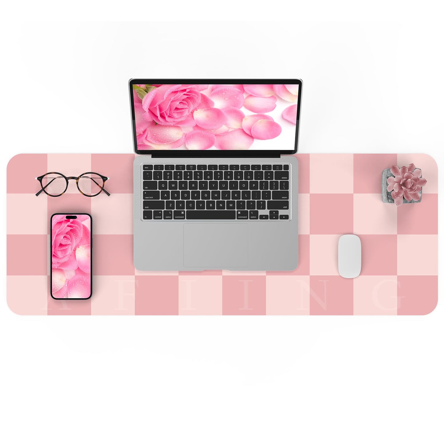 AFIING Pink Checkered Desk Mat, 31.5" x 12"，Waterproof PU Leather Desk pad
