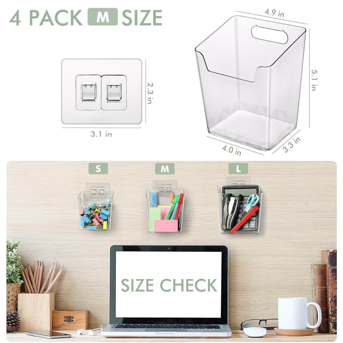 Clear Adhesive Wall Storage Bins 4-Pack Cabinet Door Organizer Cups(Medium)