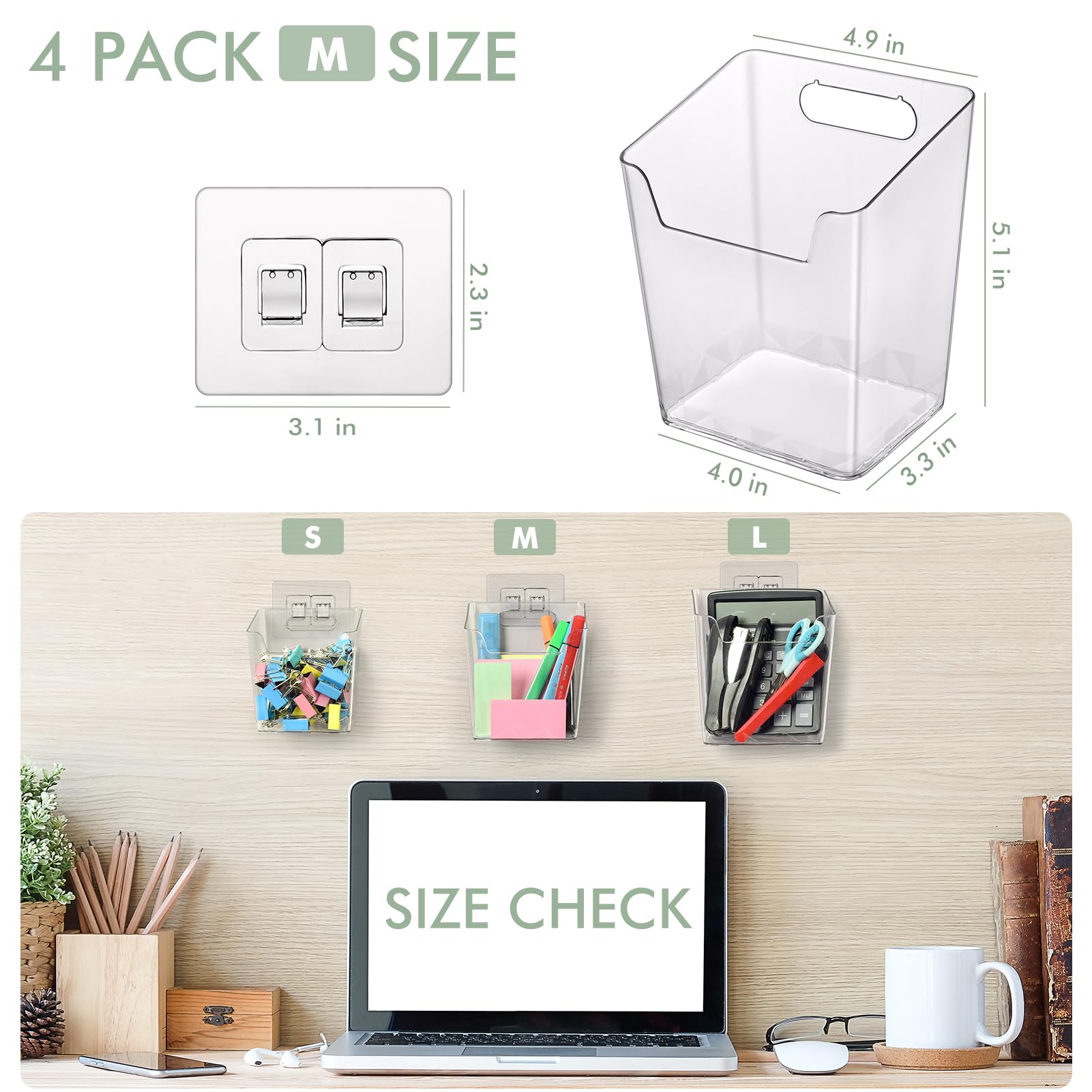 Clear Adhesive Wall Storage Bins 4-Pack Cabinet Door Organizer Cups(Medium)