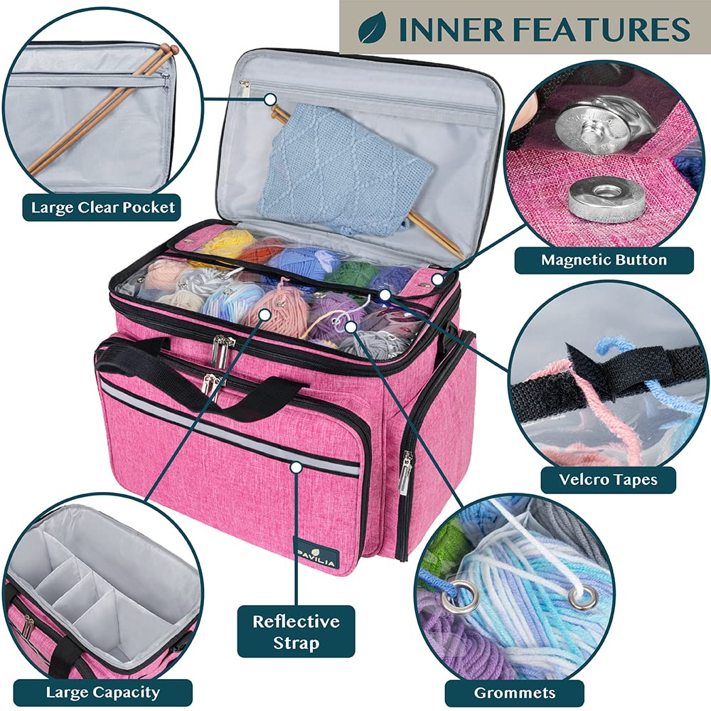 PAVILIA Large Knitting Yarn Storage Bag Crochet Organizer for Knitter, Pink