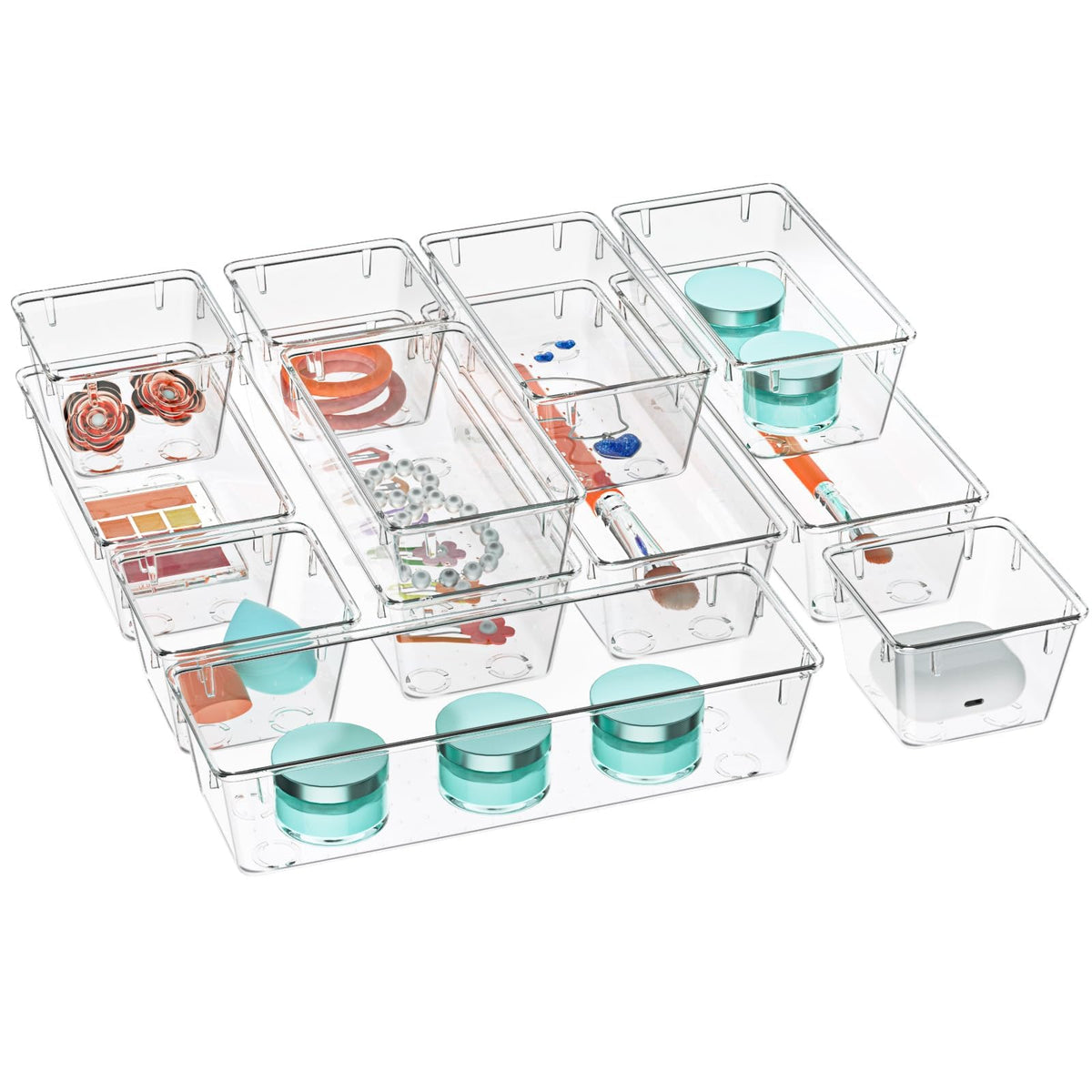 12 Pack Clear Drawer Organizer Set, Drawer Storage Trays, Storage Bins
