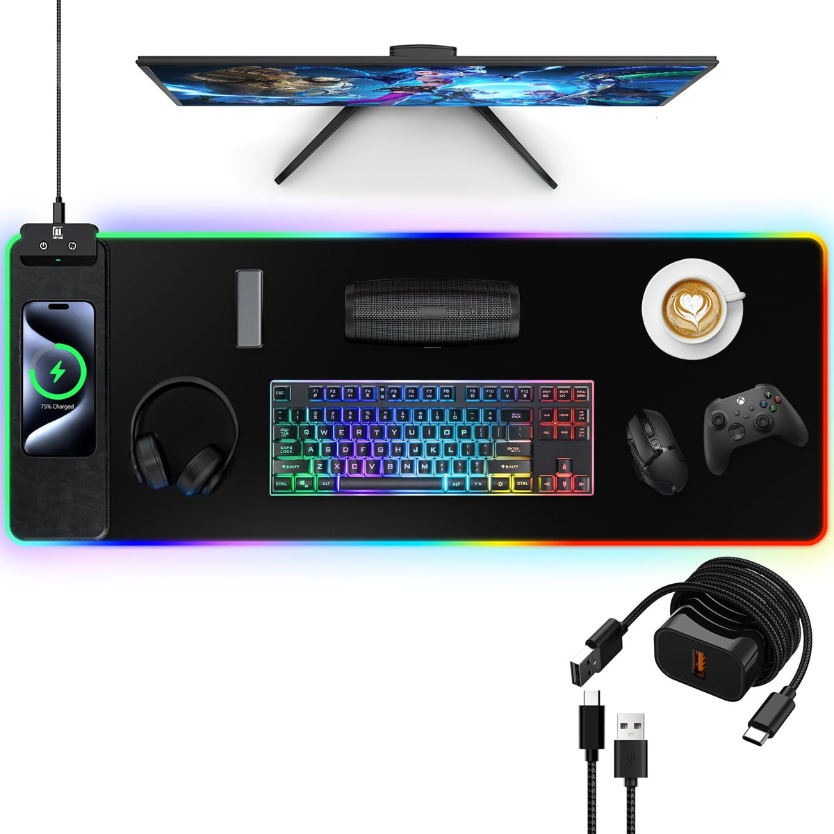 RGB Gaming Mouse Pad with Fast Wireless Charger, LED Extended Desk Mat, Home Office Large Desk Pad