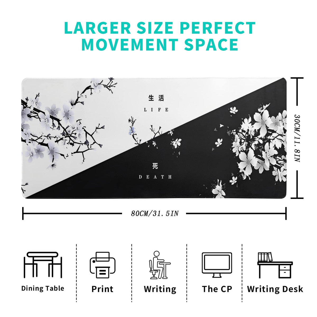 Black and White Japanese Cherry Blossom Gaming Mouse Pad Sakura Death Life Flower Mat 31.5x11.8