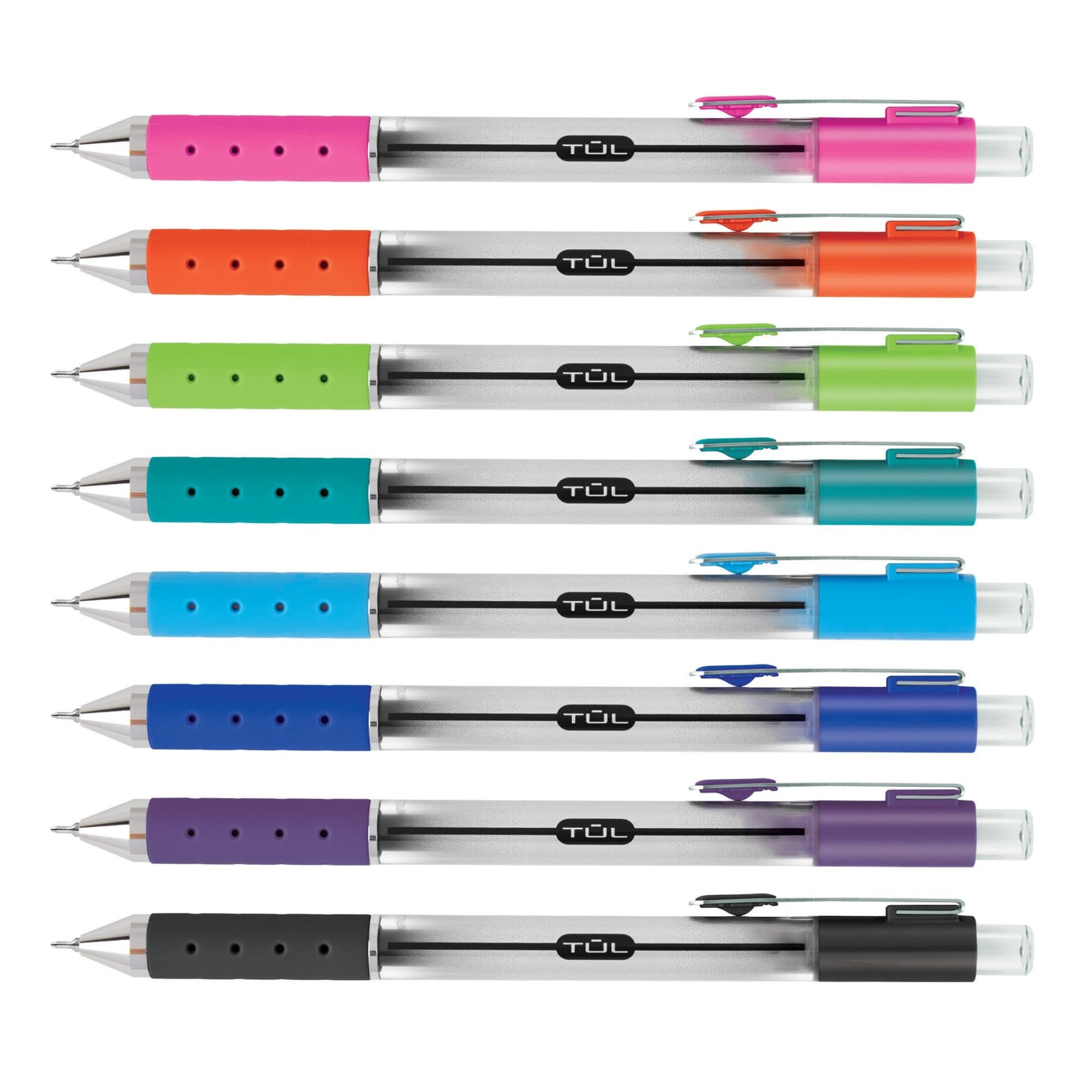 TUL Retractable Gel Pens, Needle Point, 0.7 mm, Gray Barrel, Assorted Bright Ink Colors, Pack Of 8
