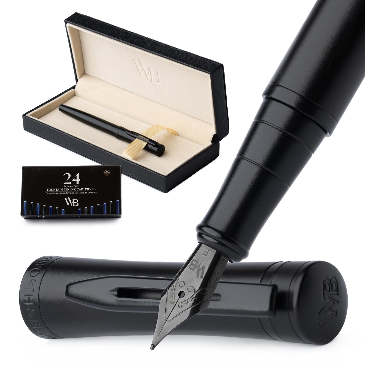 Wordsworth & Black Luxury Fountain Pen Set for Writing, Fine Nib, All Black