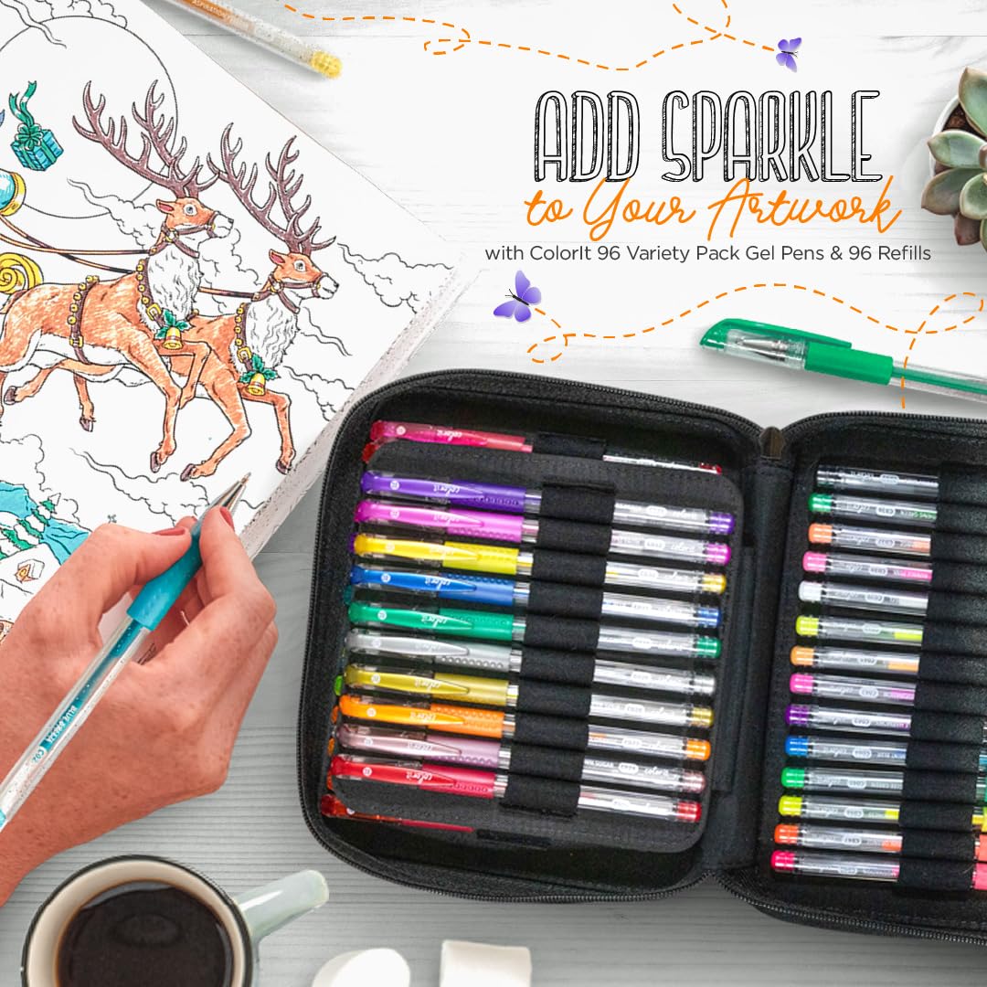 ColorIt Gel Pens Set for Coloring – 192 Pack with 12 Metallic, 12 Neon, 72 Glitter Gel Pens - 96