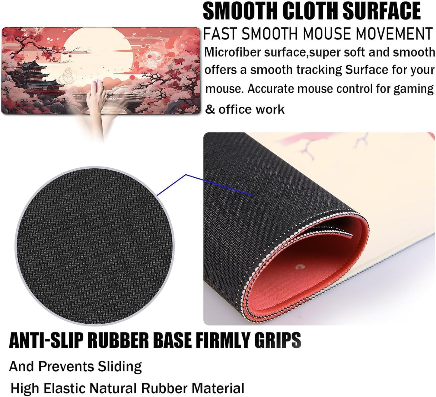 Japanese Large Gaming Mouse Pad with Stitched Edges, 35.4"x15.7" Large Extended Computer Pad, Mouse