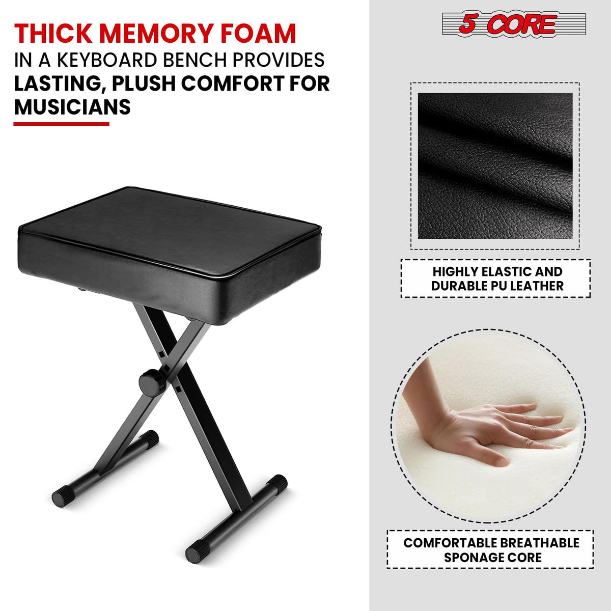 5 CORE Keyboard Bench 3 Inch Padded Cushion Adjustable 14.5" to 20.5" Piano Stool Heavy Duty