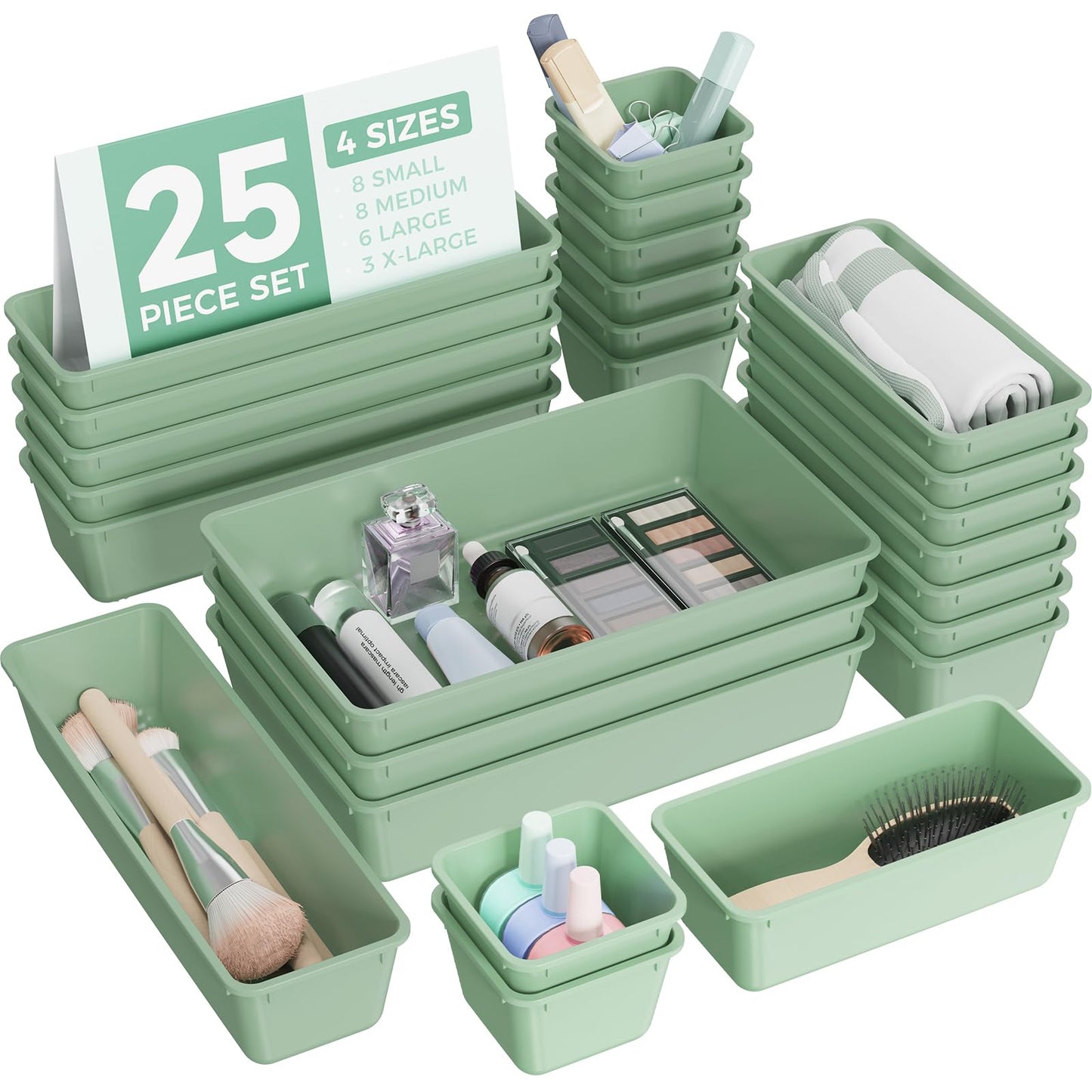 BiuLeon 25 PCS Plastic Drawer Organizers Set, 4-Sizes Vanity and Makeup Organizer, Desk and