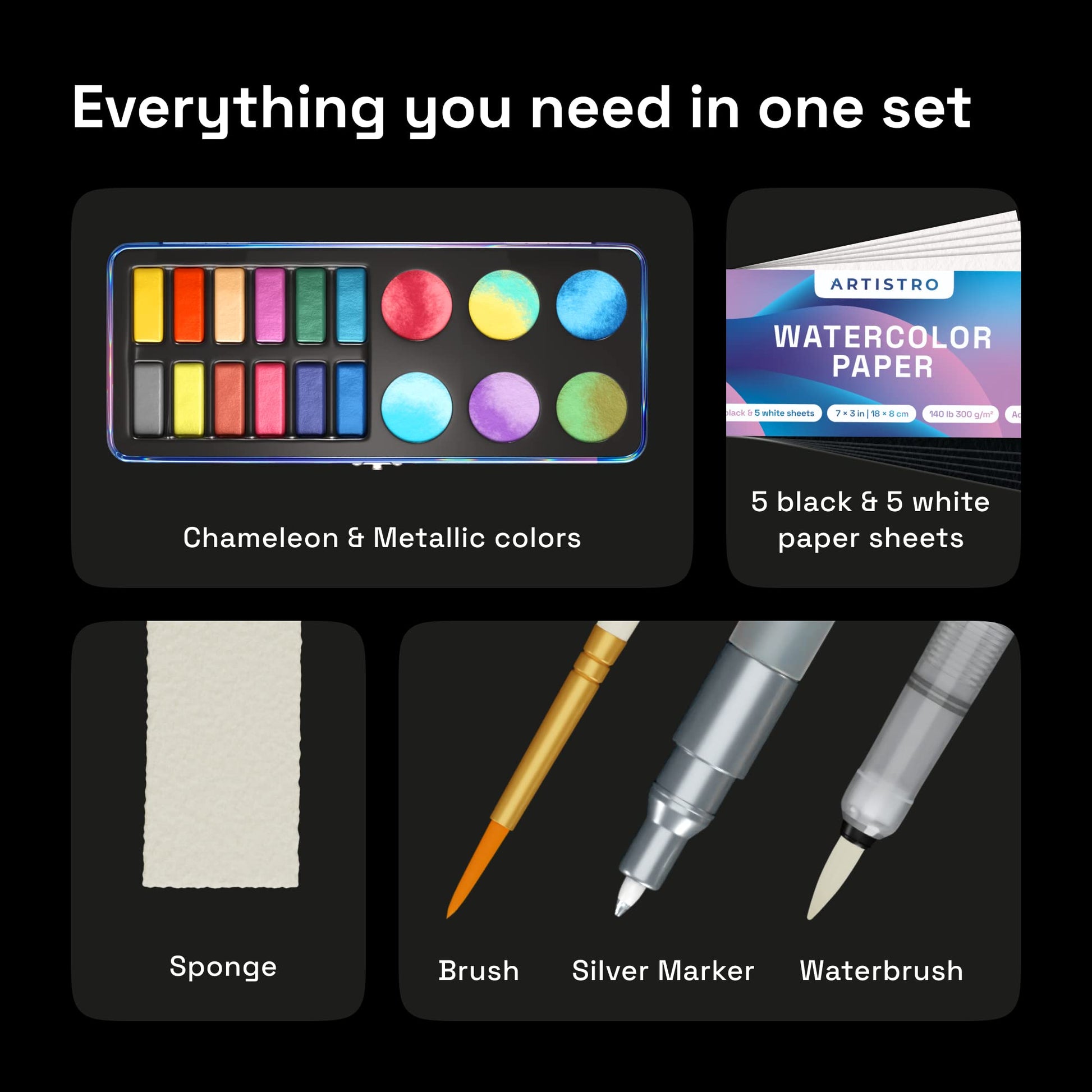 ARTISTRO Metallic Watercolor Paint Set with Palette & Brush Pens - 18 Color