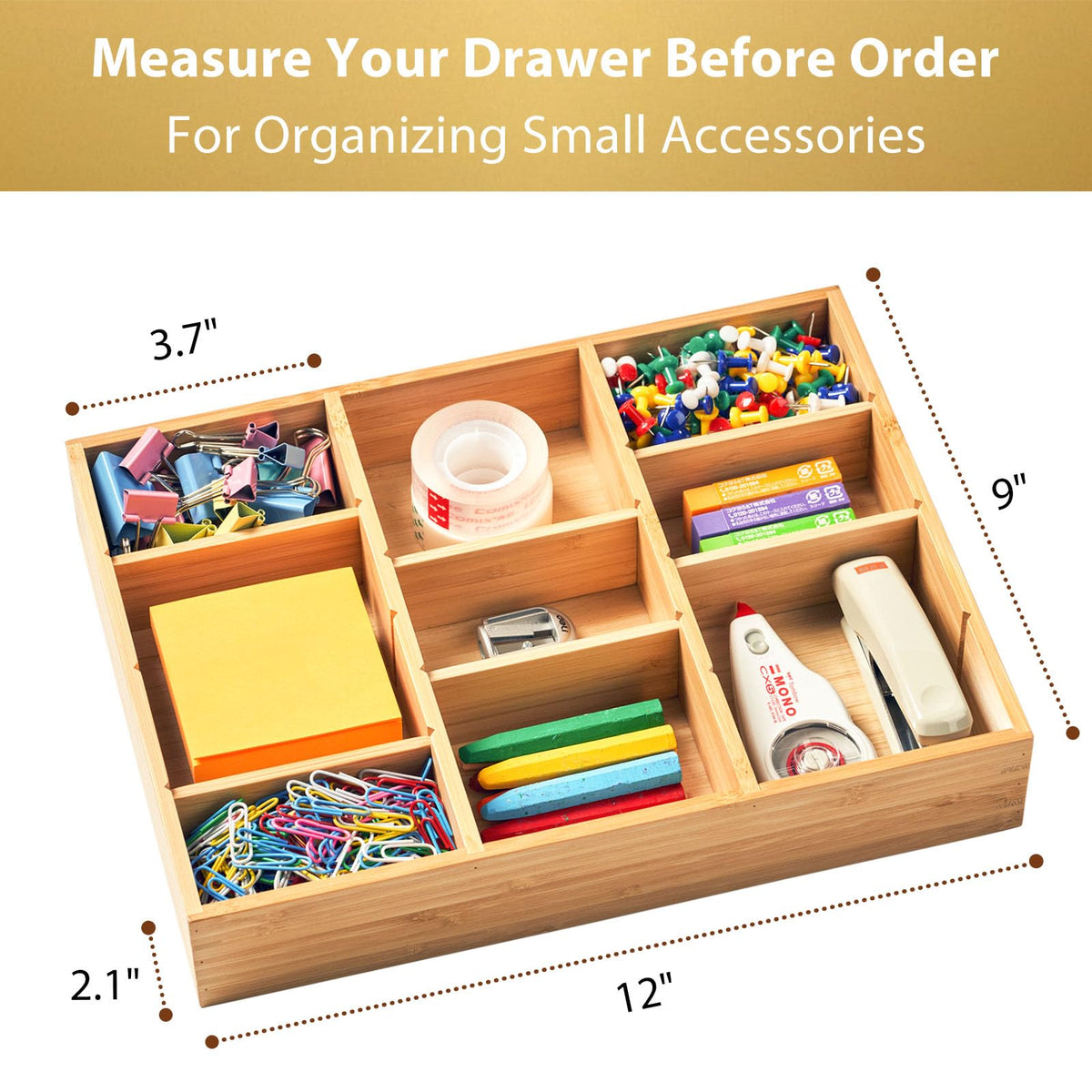 Umilife Bamboo Desk Drawer Organizer, Wood Junk Organizer Tray with Adjustable Dividers, Anti-Skip