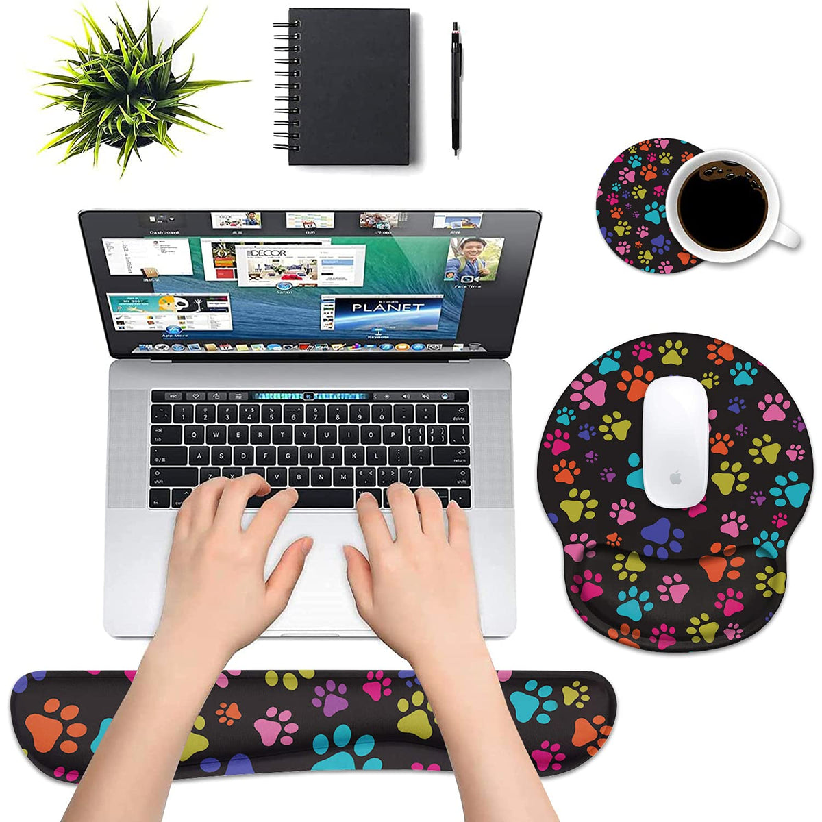 Keyboard Wrist Rest and Mouse Pad Wrist Rest Support Set with Coasters, Non-Slip PU Base for Gaming