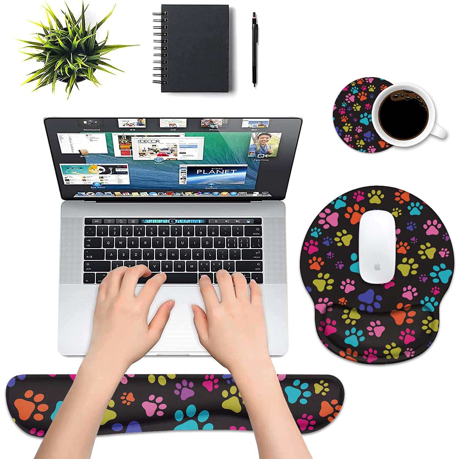 Keyboard Wrist Rest and Mouse Pad Wrist Rest Support Set with Coasters, Non-Slip PU Base for Gaming