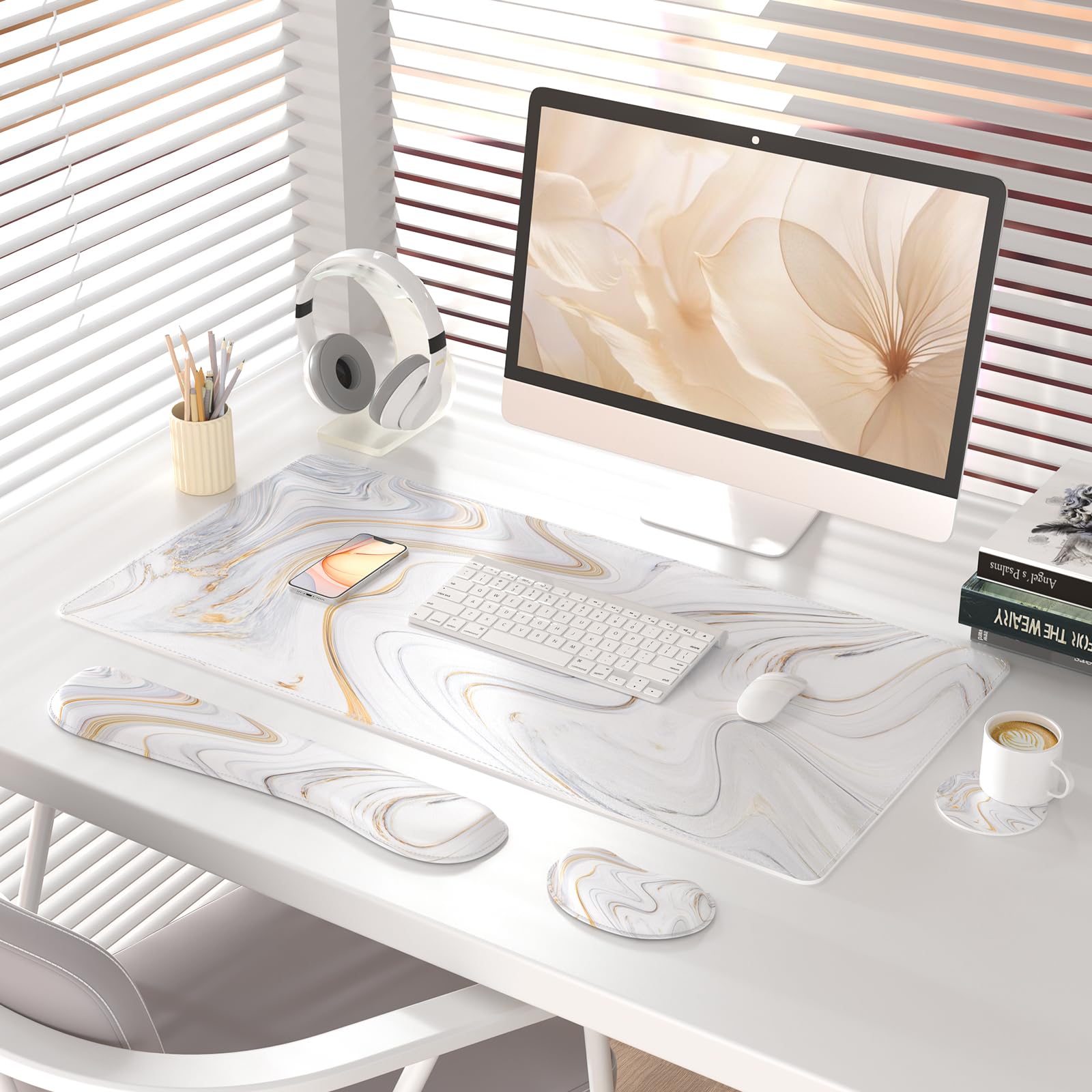 QiyI PU Leather Desk Mat Set, 4-in-1 Ergonomic Wrist Rest, Marble Stripes