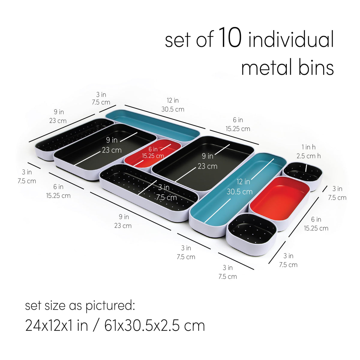 Three by Three Seattle Metal Drawer Organizer Tray Set, 10-Pc, 1" (Multi)