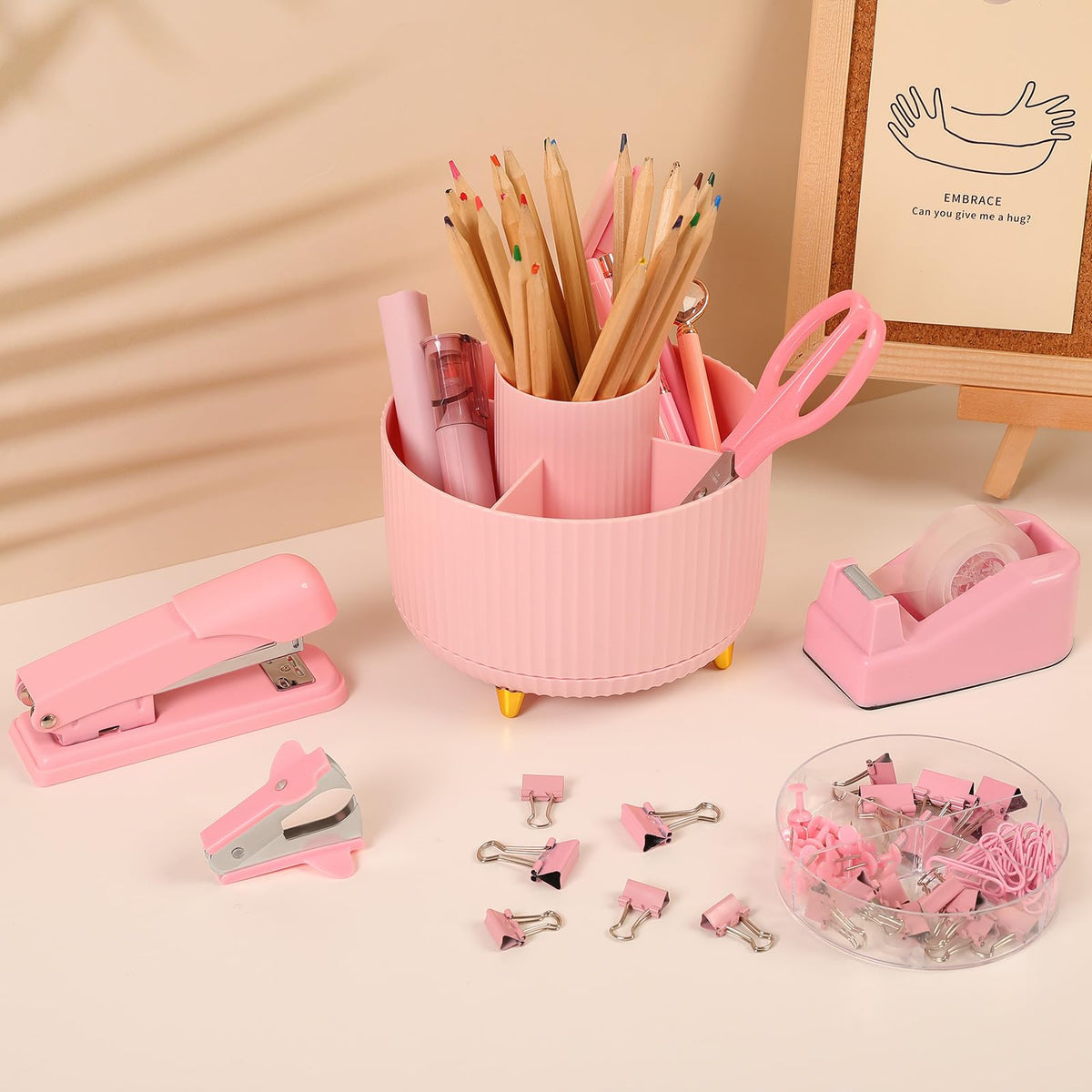 SKYDUE Pink Office Supplies Set, Pencil Holder for Desk,Gel Pen, Stapler, Tape Dispenser