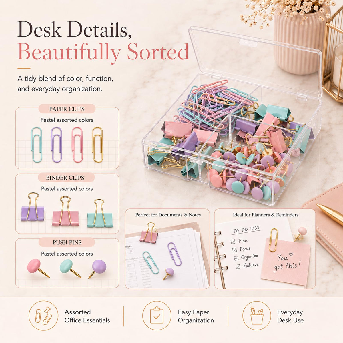 Creechwa Paper Clips and Binder Clips Push Pin Set, Assorted Size Clip
