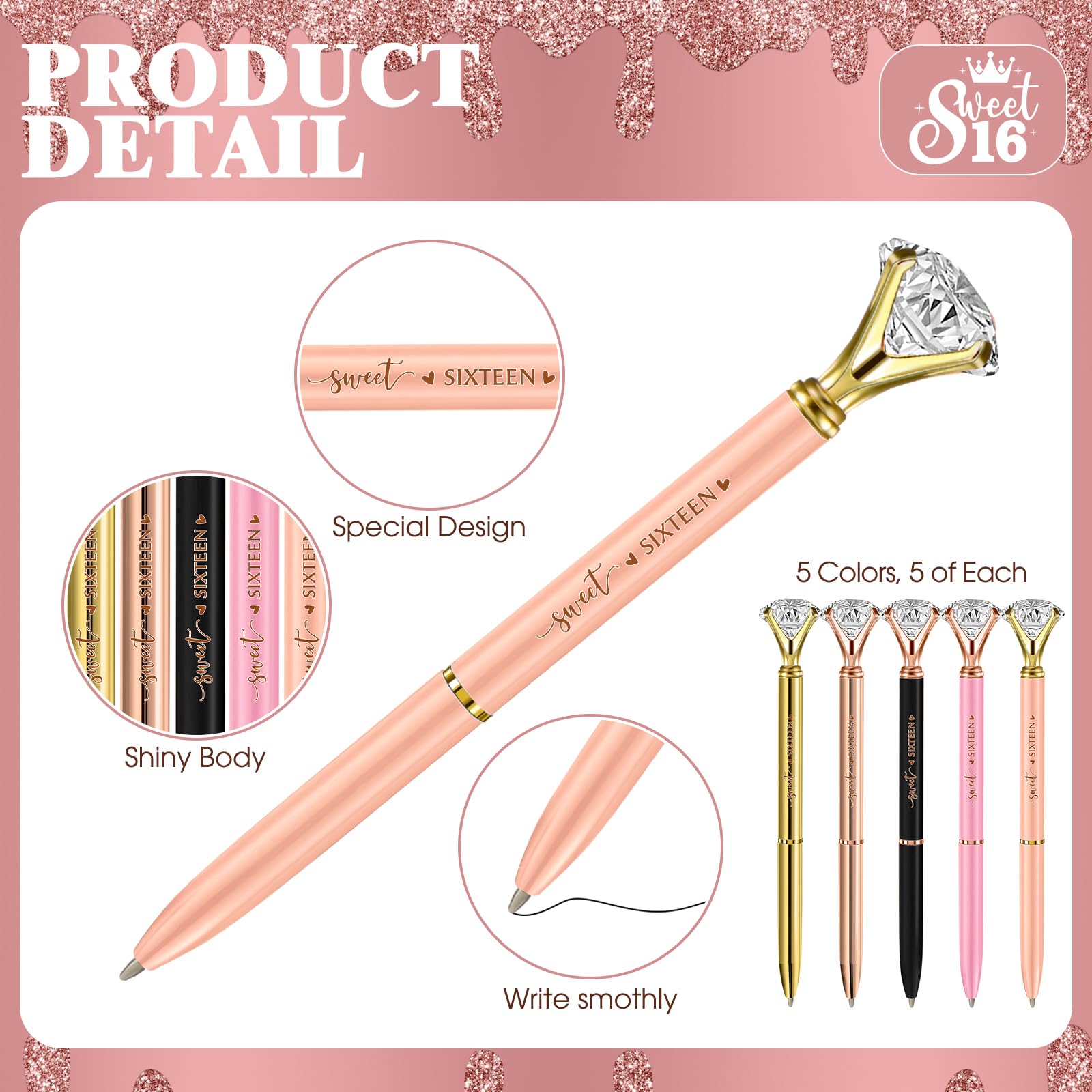 Feifeiya 25 Sets Sweet 16th Party Favors Pens with Thank You Cards, Diamond