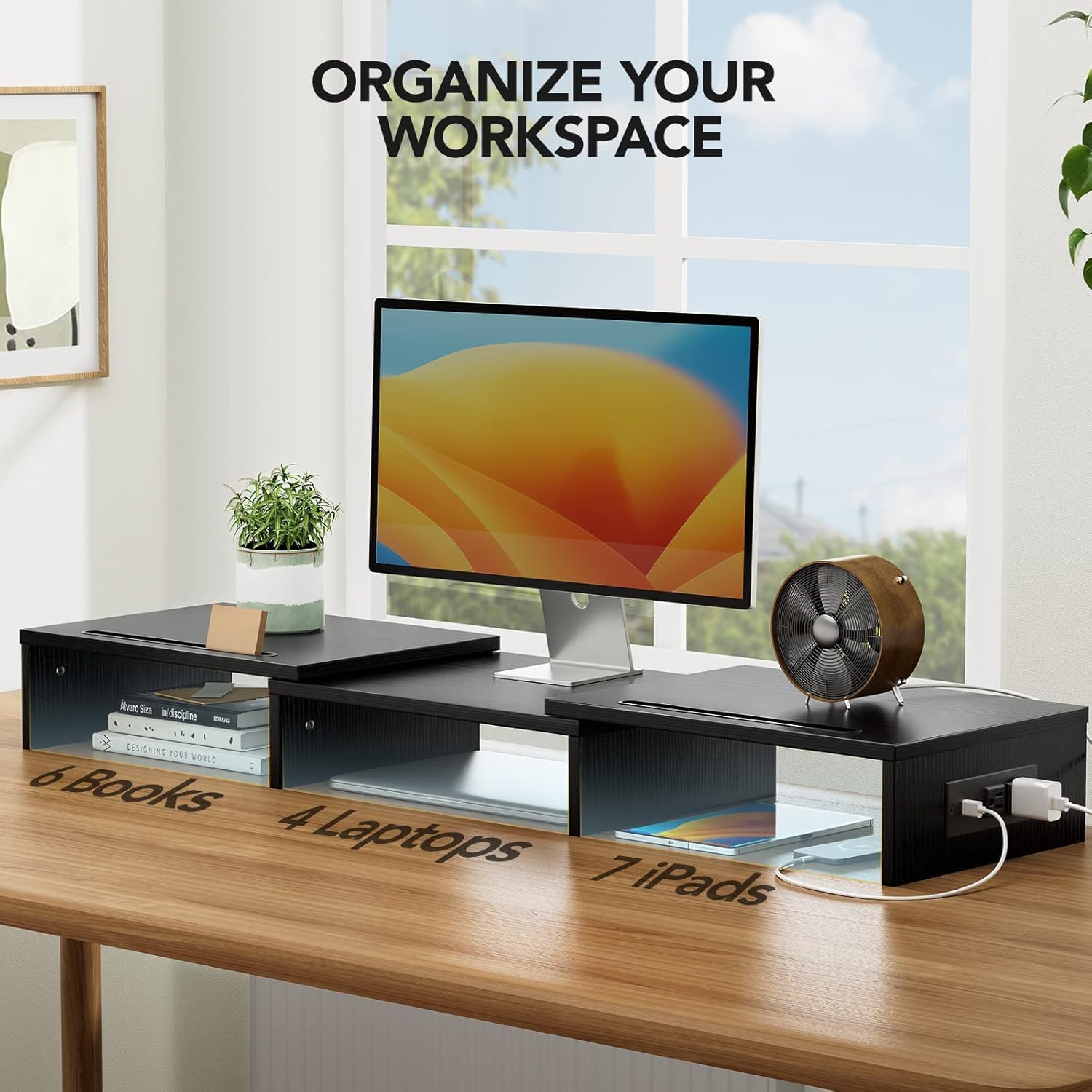 HUANUO Dual Monitor Stand with USB Ports, Adjustable Length & Angle, Black
