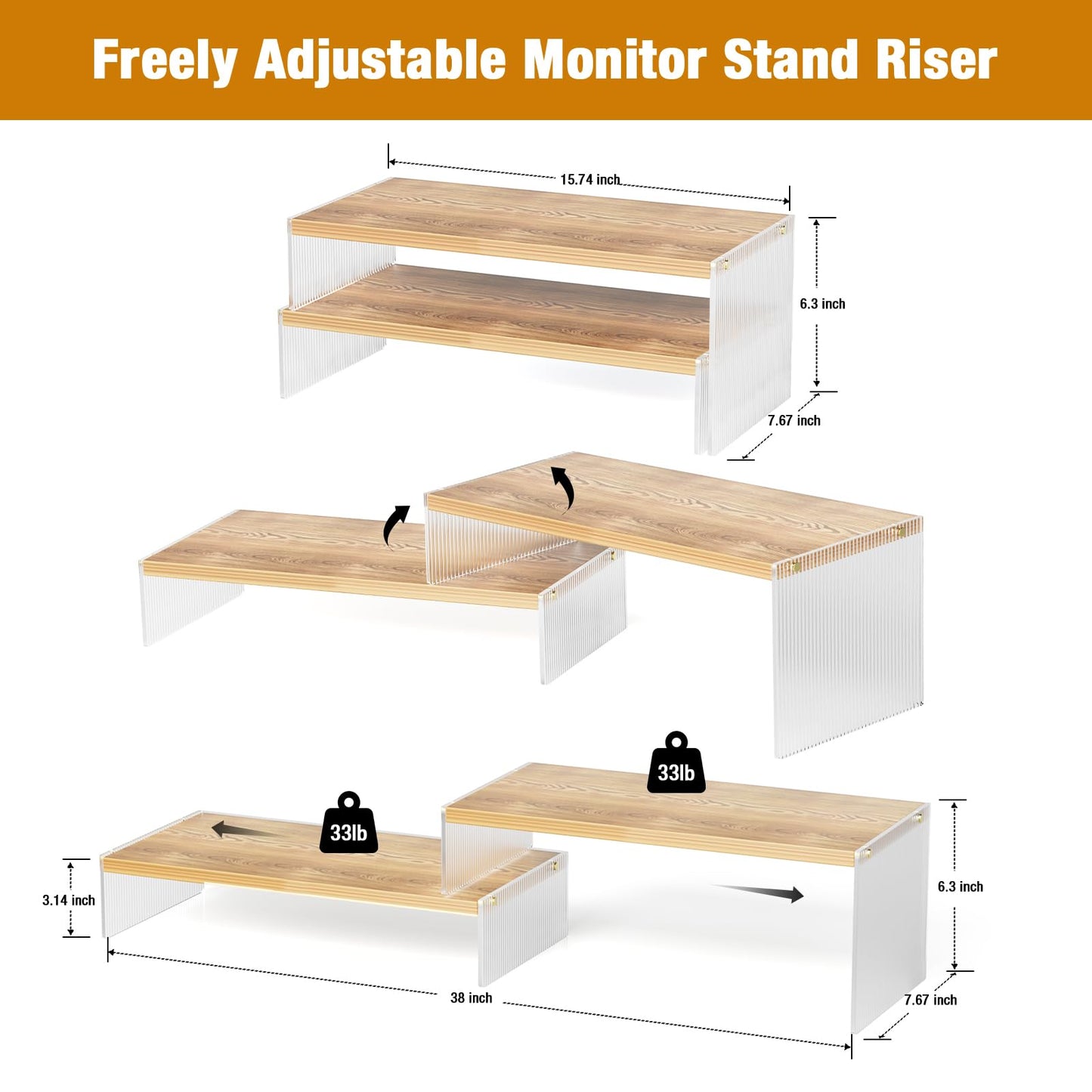 YGYQZ Adjustable Monitor Stand Riser, 7.67"×15.74" Dual Monitor Desk Stand