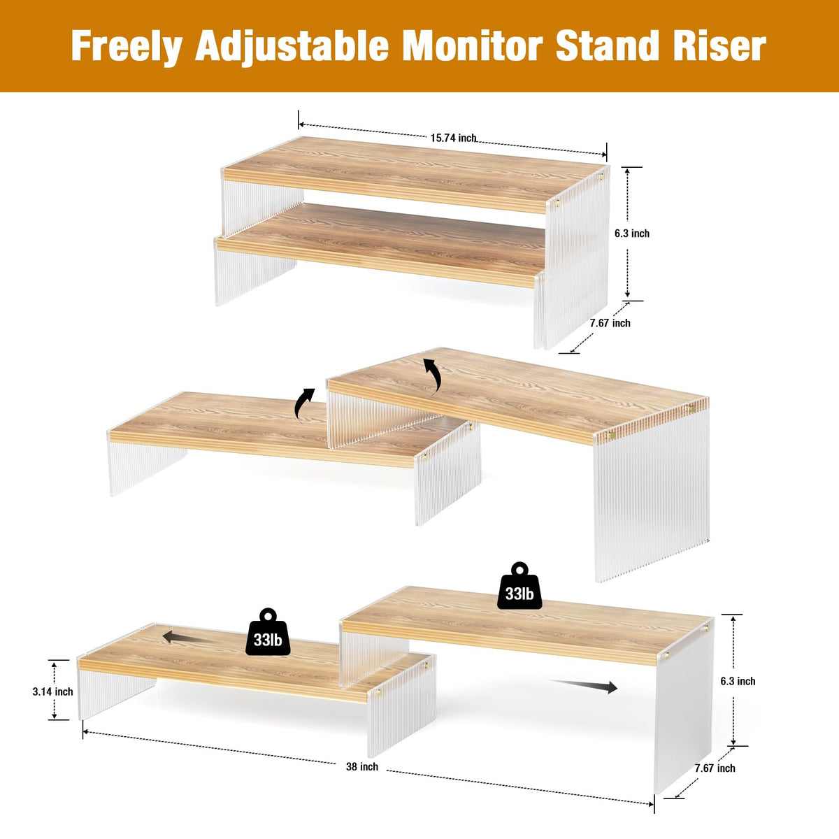 YGYQZ Adjustable Monitor Stand Riser, 7.67"×15.74" Dual Monitor Desk Stand