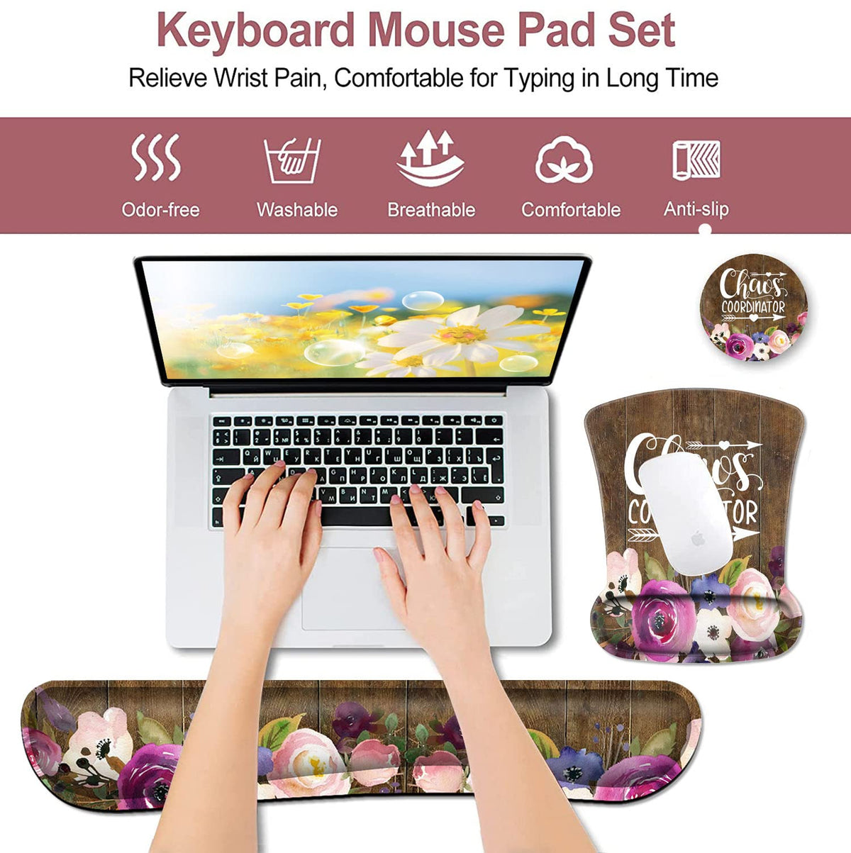 Chaos Coordinator Quotes Vintage Watercolor Floral Mouse Pad and Wrist Guard, Keyboard Wrist Rest