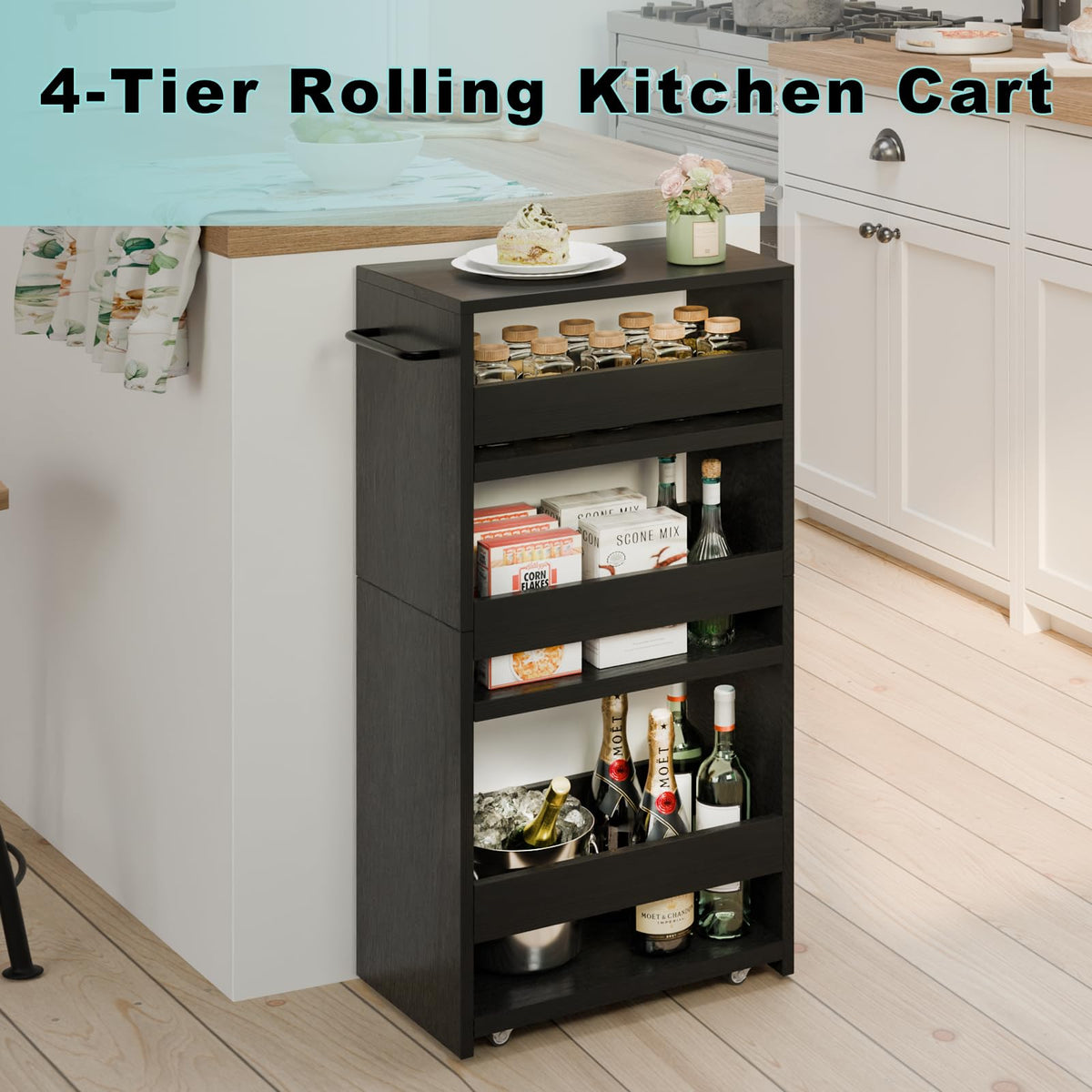 MARTY Slim Rolling Storage Cart, Wood Utility Kitchen Bathroom Laundry Cart