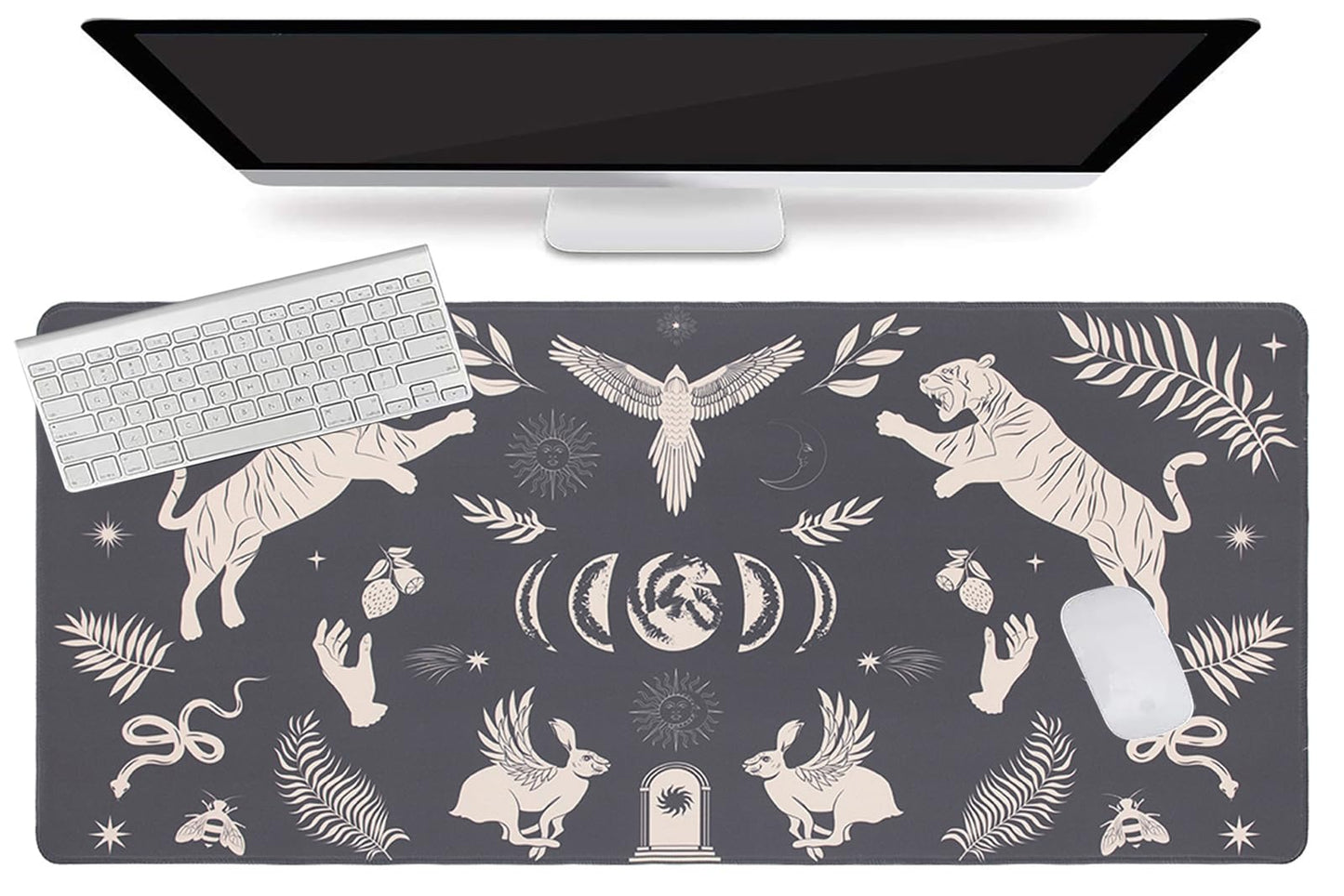 L-SPOUTTO Black Desk Mat for Keyboard and Mouse,Boho XXL Gaming Mouse Pad