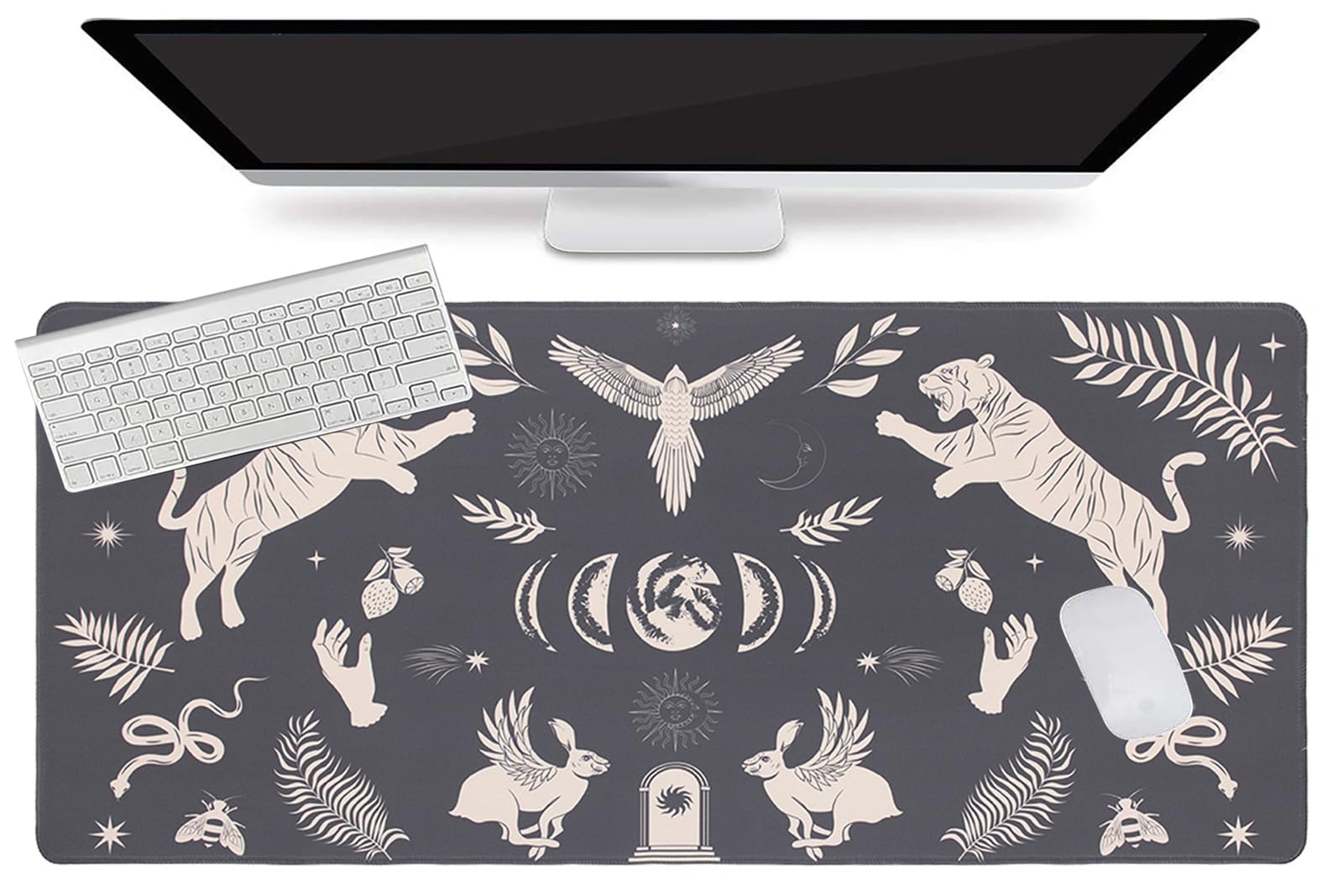 L-SPOUTTO Black Desk Mat for Keyboard and Mouse,Boho XXL Gaming Mouse Pad