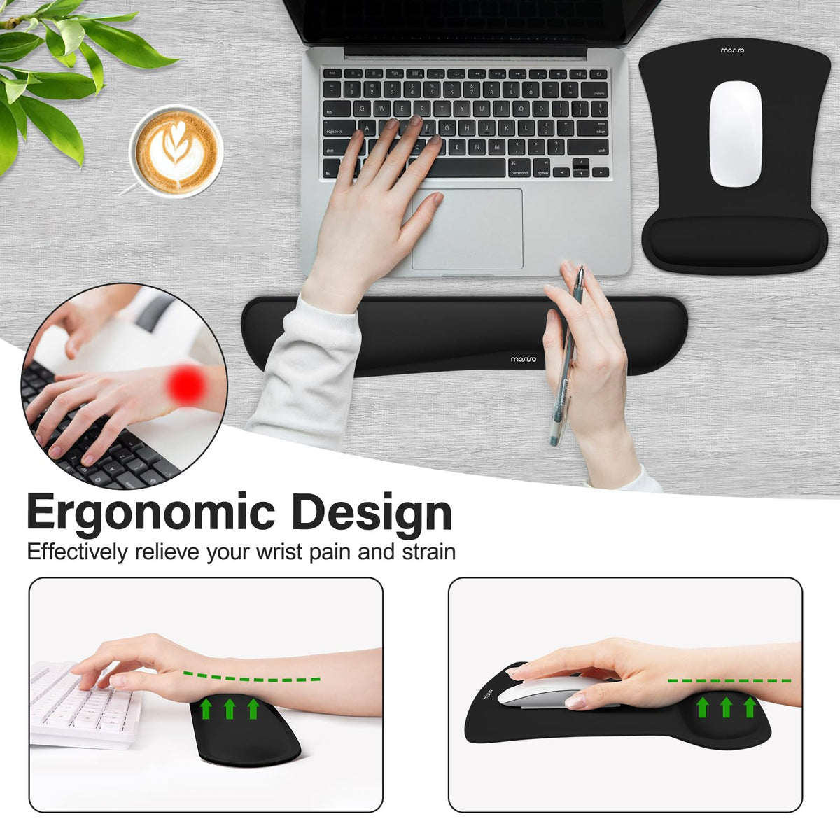 MOSISO Wrist Rest Support for Mouse Pad & Keyboard Set, Black