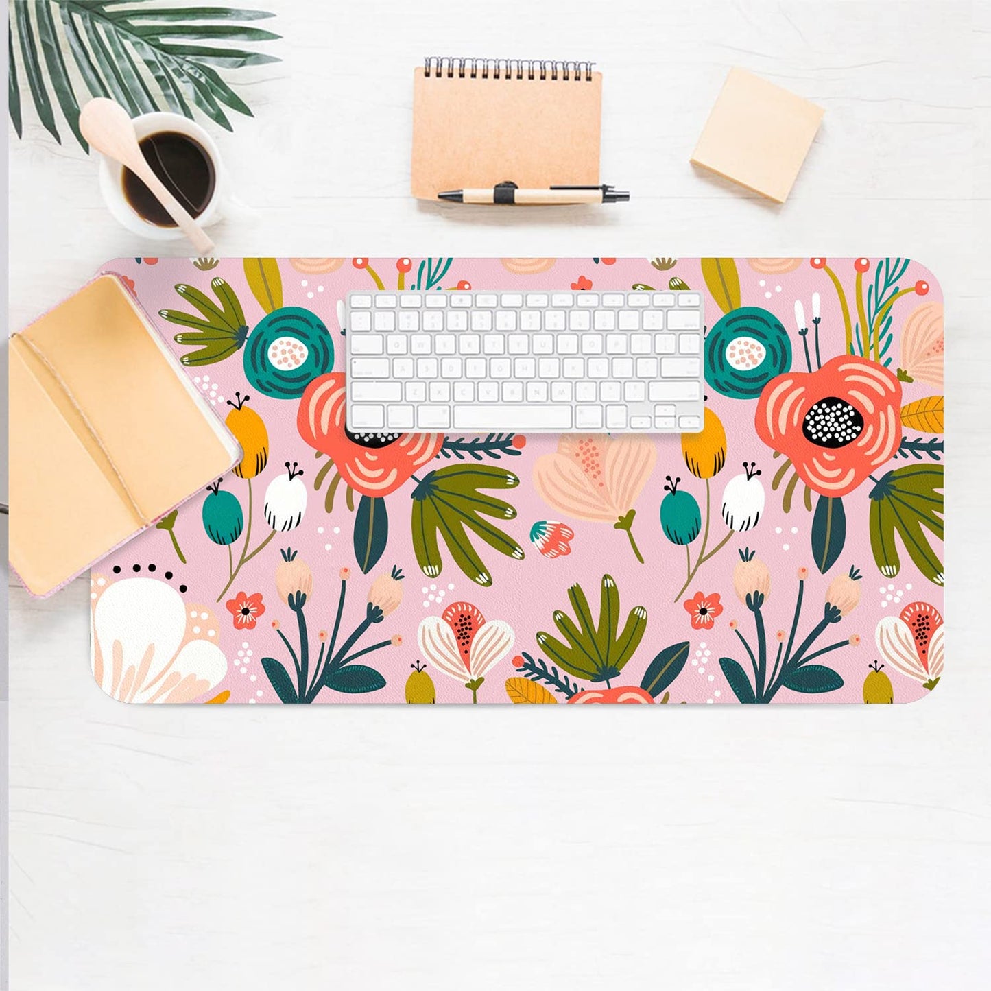 Pink Floral Desk Mat, Non-Slip PU Leather Desk Pad 27.5"x13.8"