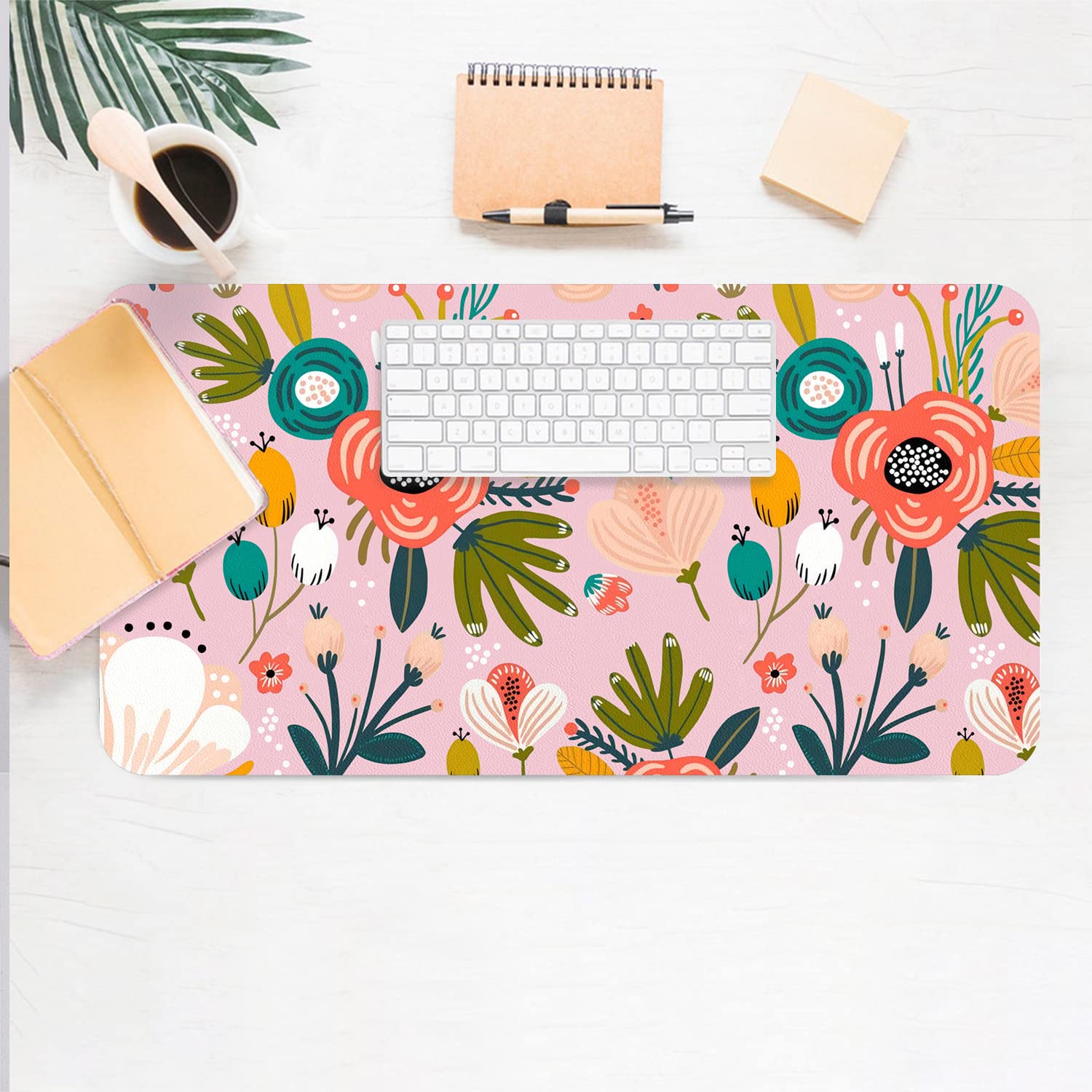 Pink Floral Desk Mat, Non-Slip PU Leather Desk Pad 27.5"x13.8"