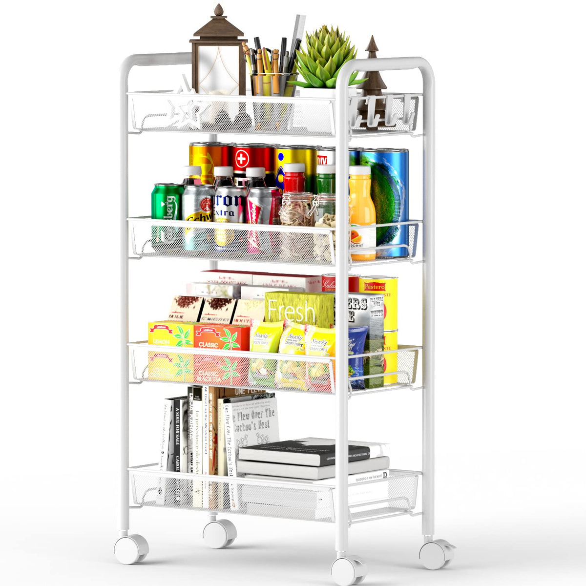 4-Tier Mesh Rolling Cart - 35 BLS/Tier Full Metal Cart with Wheel & 4 Hooks