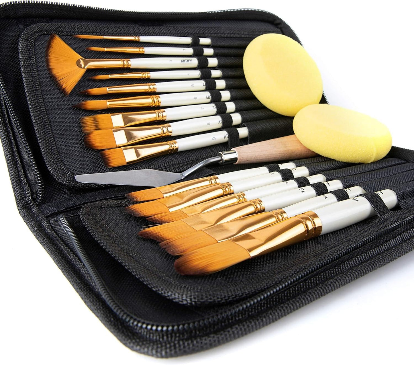 18 Piece Paint Brush Set, ARTIFY 15 Acrylic Paint Brushes, Palette Knife, and 2 Sponges