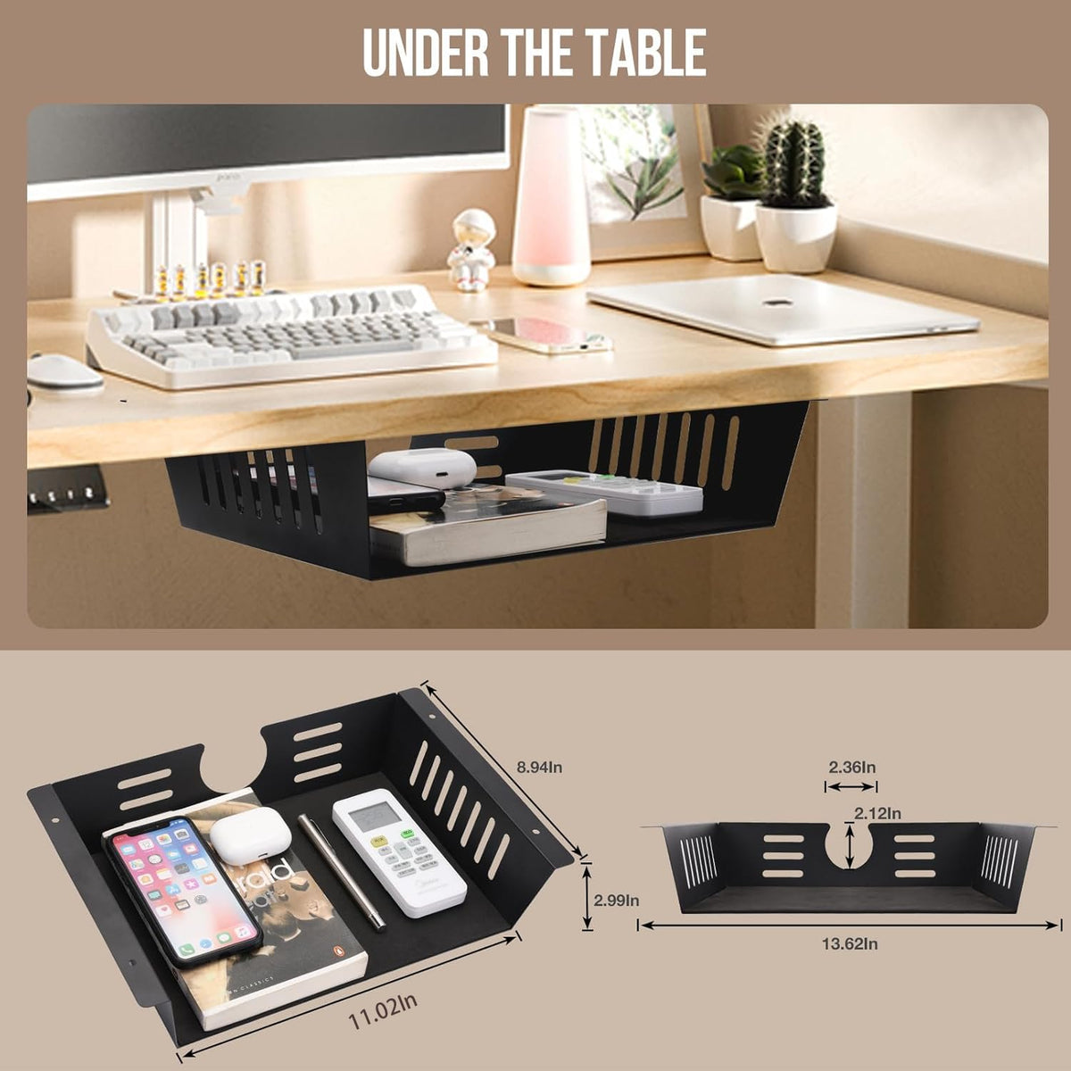 Neiteli 2 Pack Under Desk Shelf - Under Desk Storage Shelf Metals,Under Desk Organizer - Black