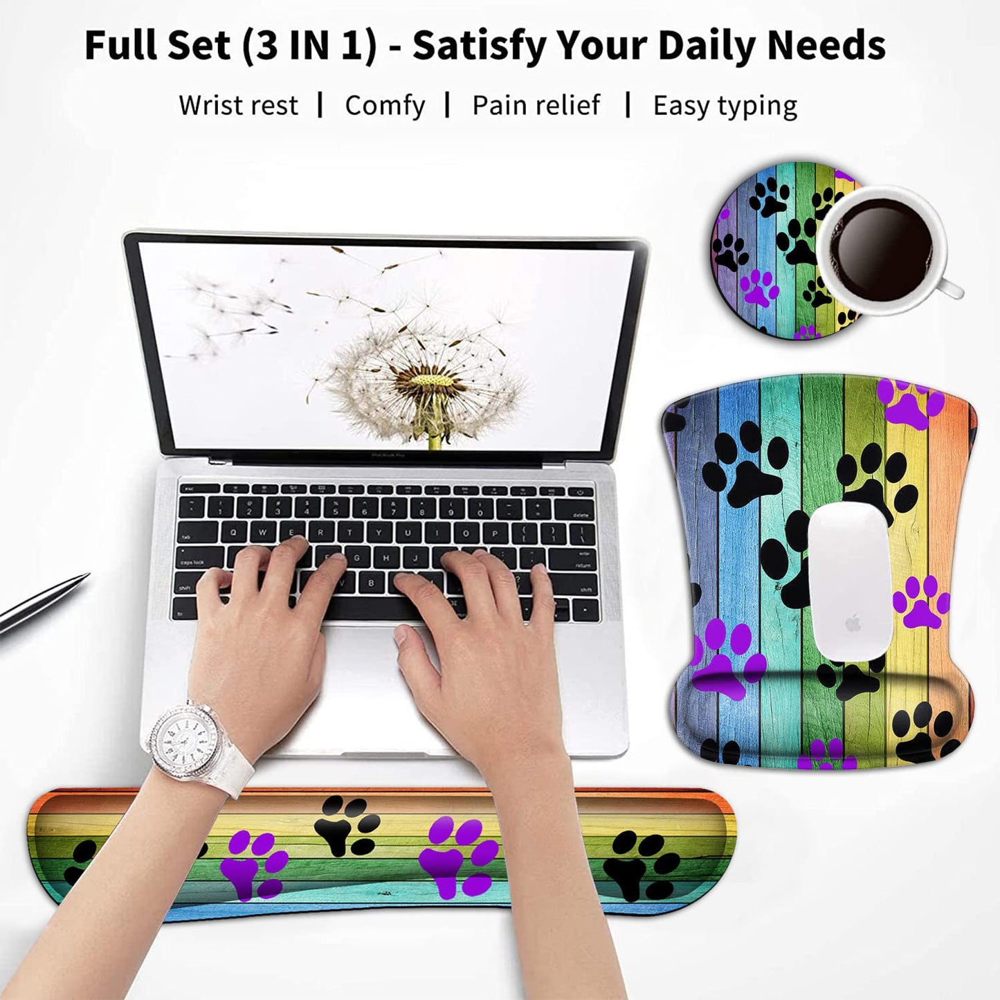 Keyboard Wrist Rest and Mouse Pad Wrist Support Set,Rustic Rainbow Woodgrain Black and Purple Dog