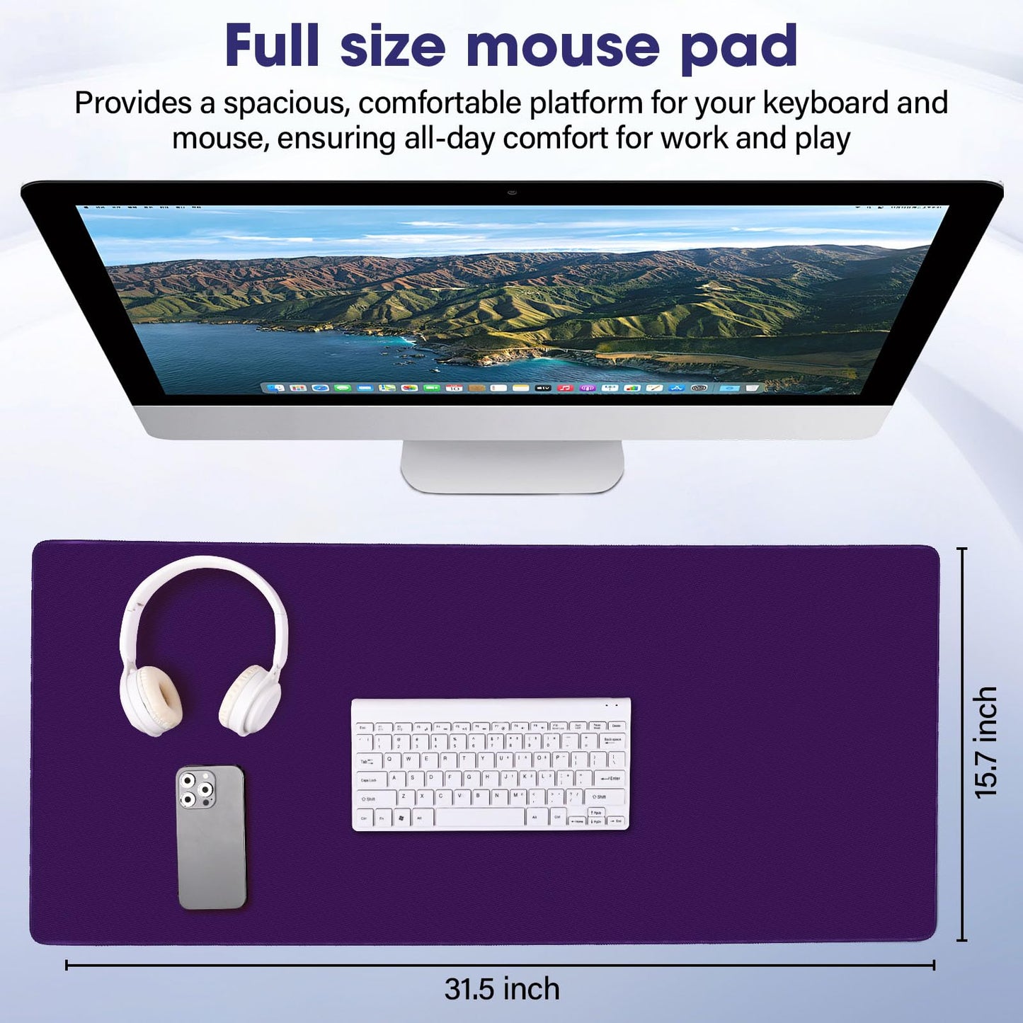 31.5" x 15.7" Waterproof Fabric Large Mousepad,Rubber Anti-Slip Base,Purple