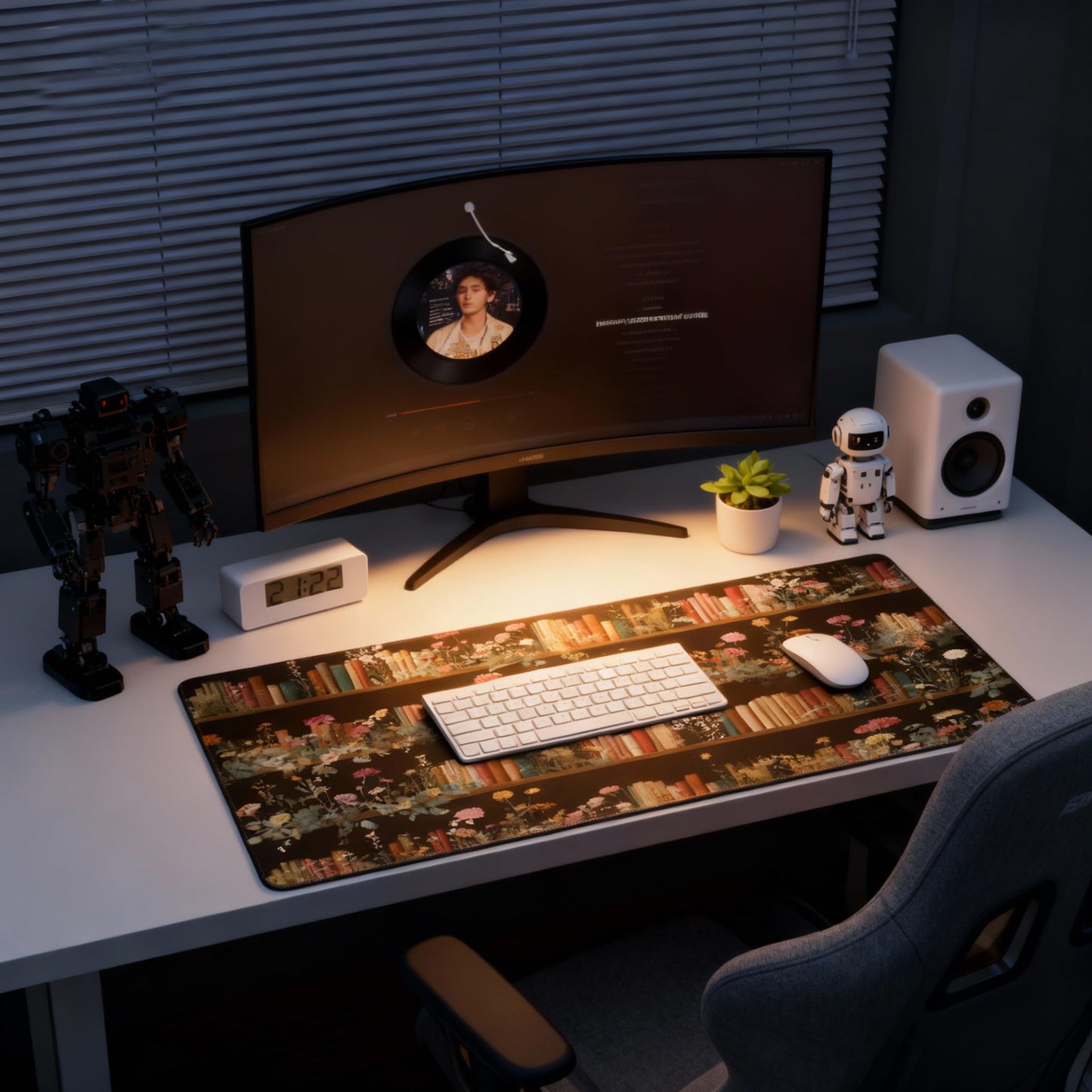 Dark Academia Floral with Books & Bookshelf XXL Desk Pad - Extra Large Anti-Slip Mouse Pad with