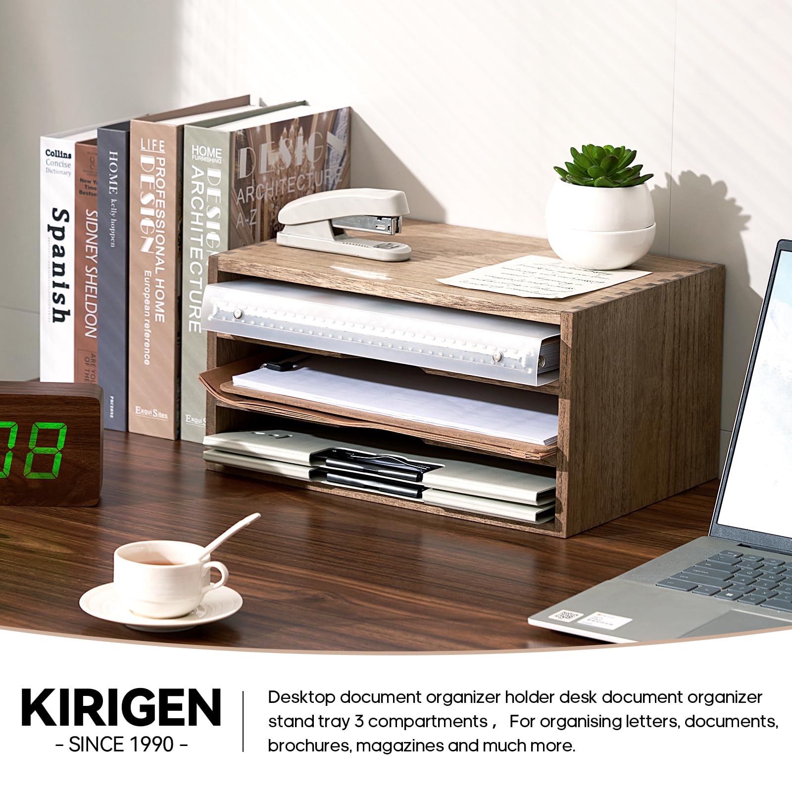 KIRIGEN Wooden Desk Organizer 3-Tier Letter Tray and Paper Sorter, Brown