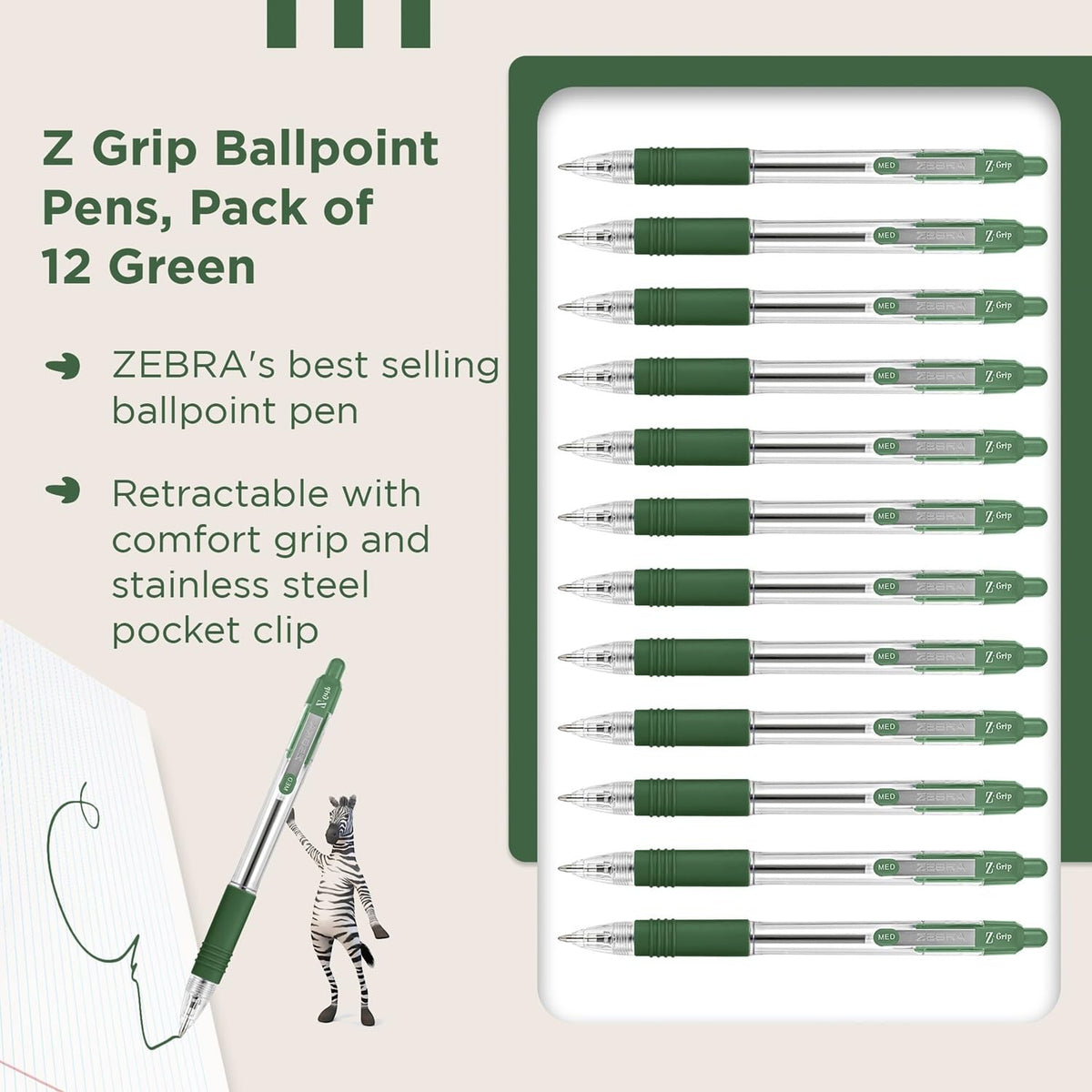 Zebra Pen Z Grip Green Pens Ballpoint, Smooth & Comfortable Pens With Pocket Clip, Retractable