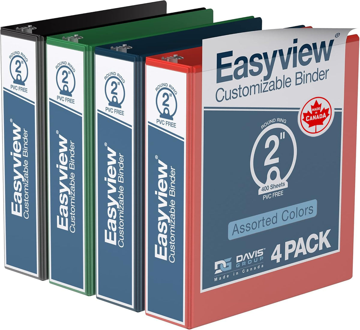 Easyview 3-Ring Binder, 2" Round Rings, Classic Colors, 4 Pack