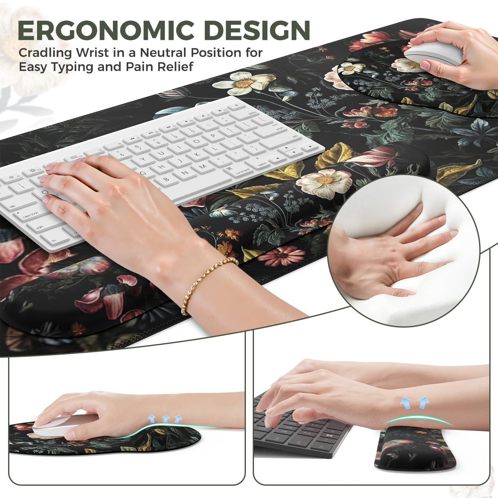 iCasso Desk Cover Mat, 4in1 Floral Large Mouse Pad with Wrist Rest