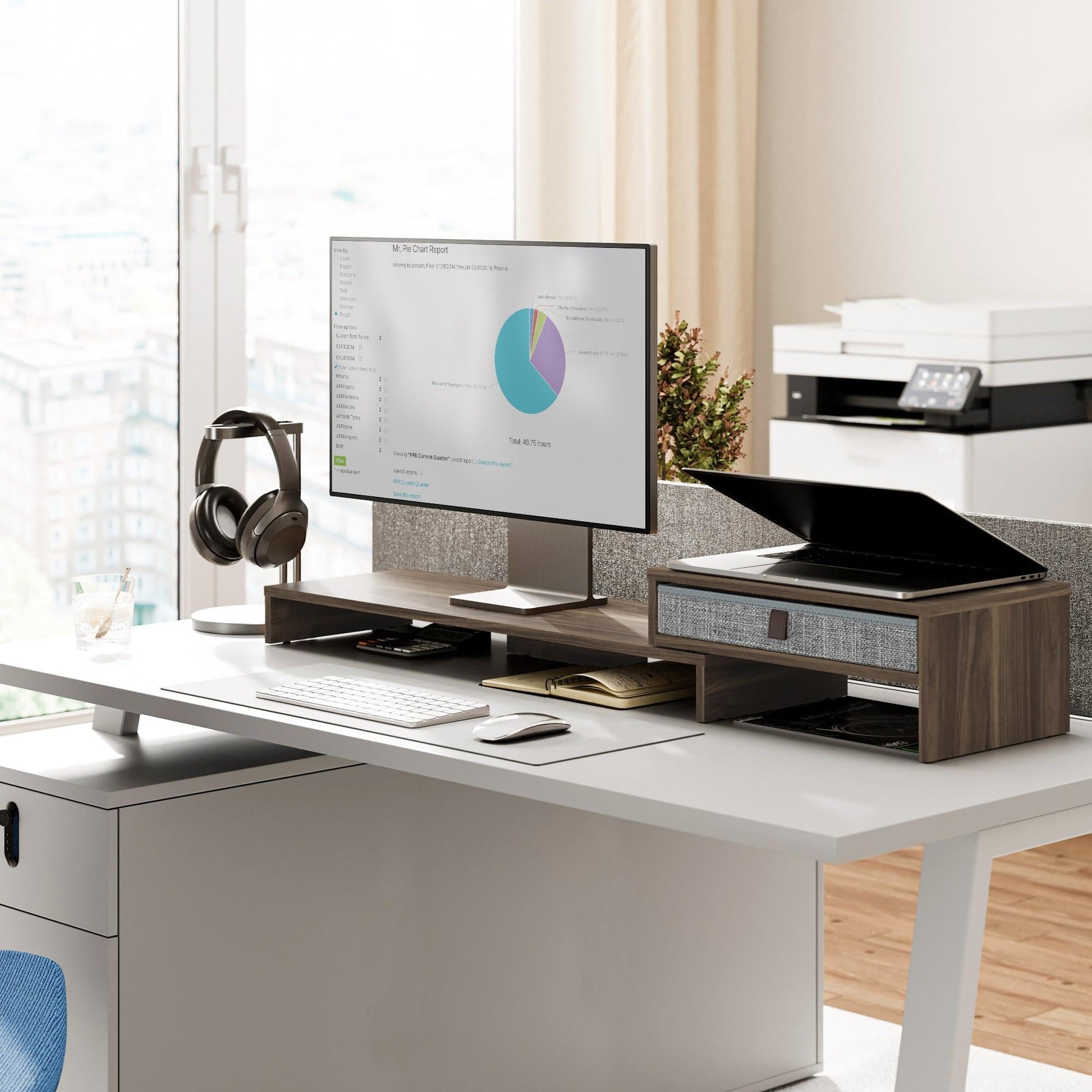 Fenge Triple Monitor Stand with Storage Drawer, Adjustable Length and Angle