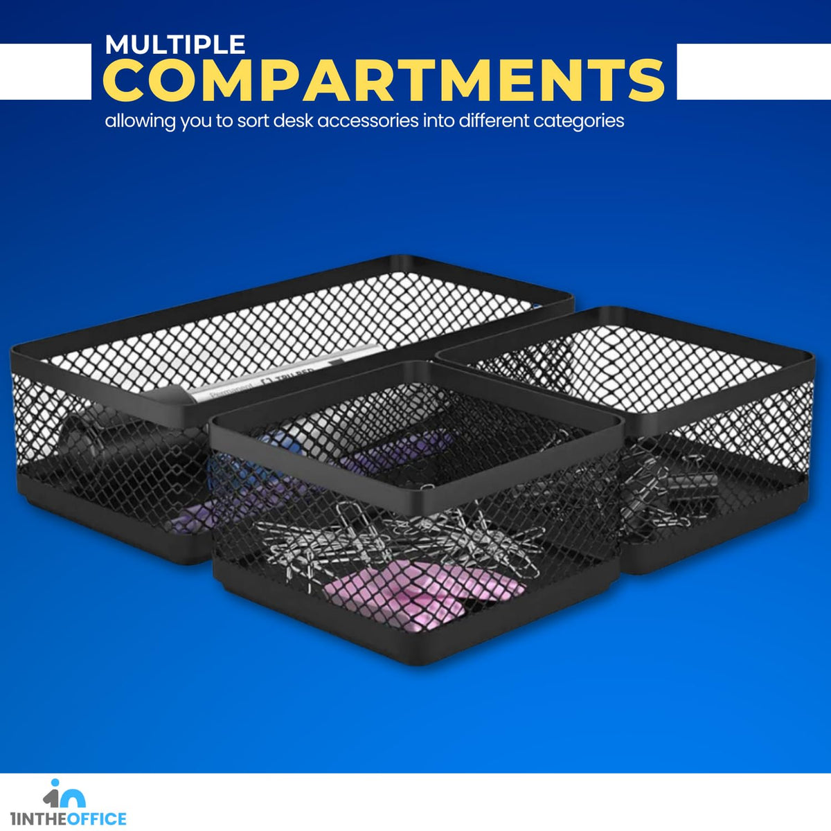 1InTheOffice Desk Baskets and Organizers Tray, Black Mesh Tray, Black Wire Mesh, 3-Compartment