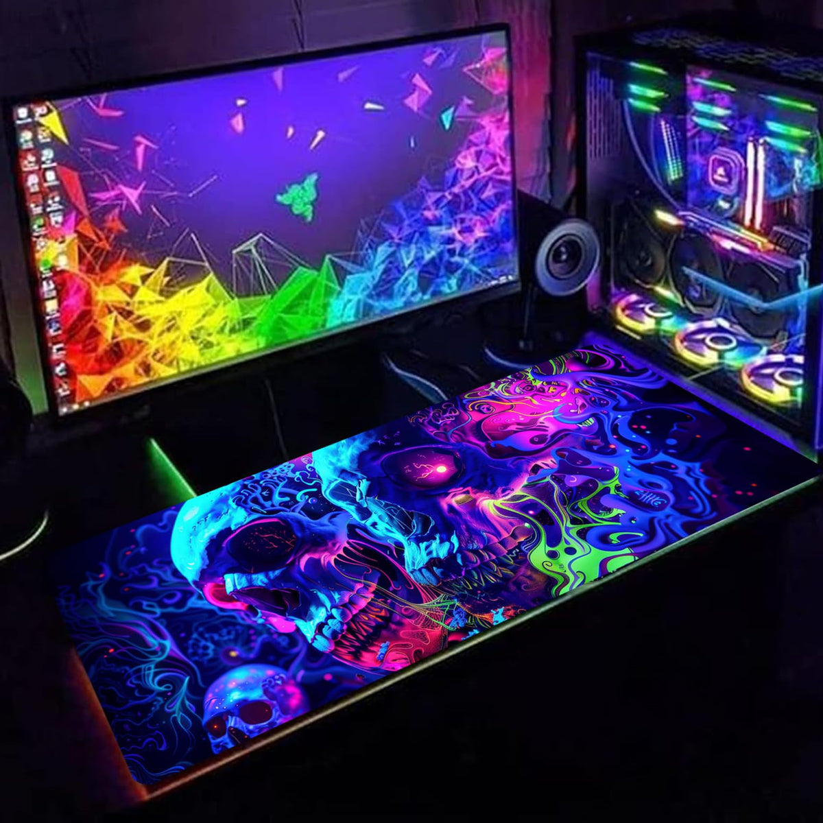 Simpkeely Horror Skull Mouse Pad, Large Waterproof Blacklight Colorful Skeleton Neon Gaming