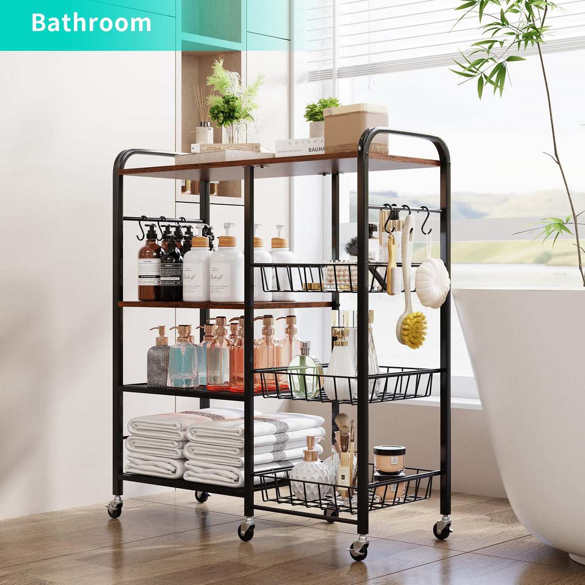 HapiRm Rolling Kitchen Microwave Cart - 4 Tier Microwave Table Stand with Pull-Out Baskets, Coffee
