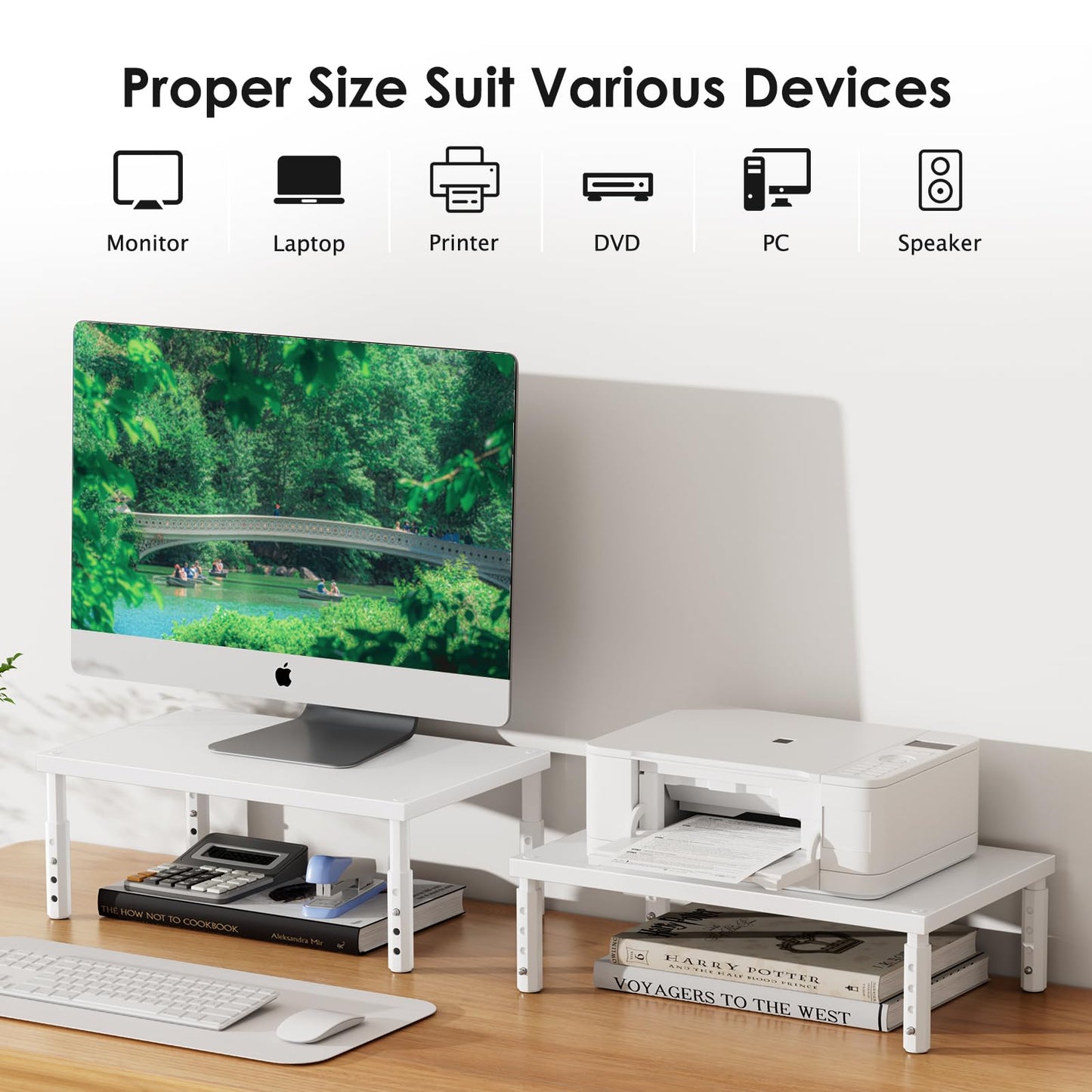 ECOLOVI Adjustable Wood Computer Monitor Stand Riser, Office Desk Organizer and Accessories for